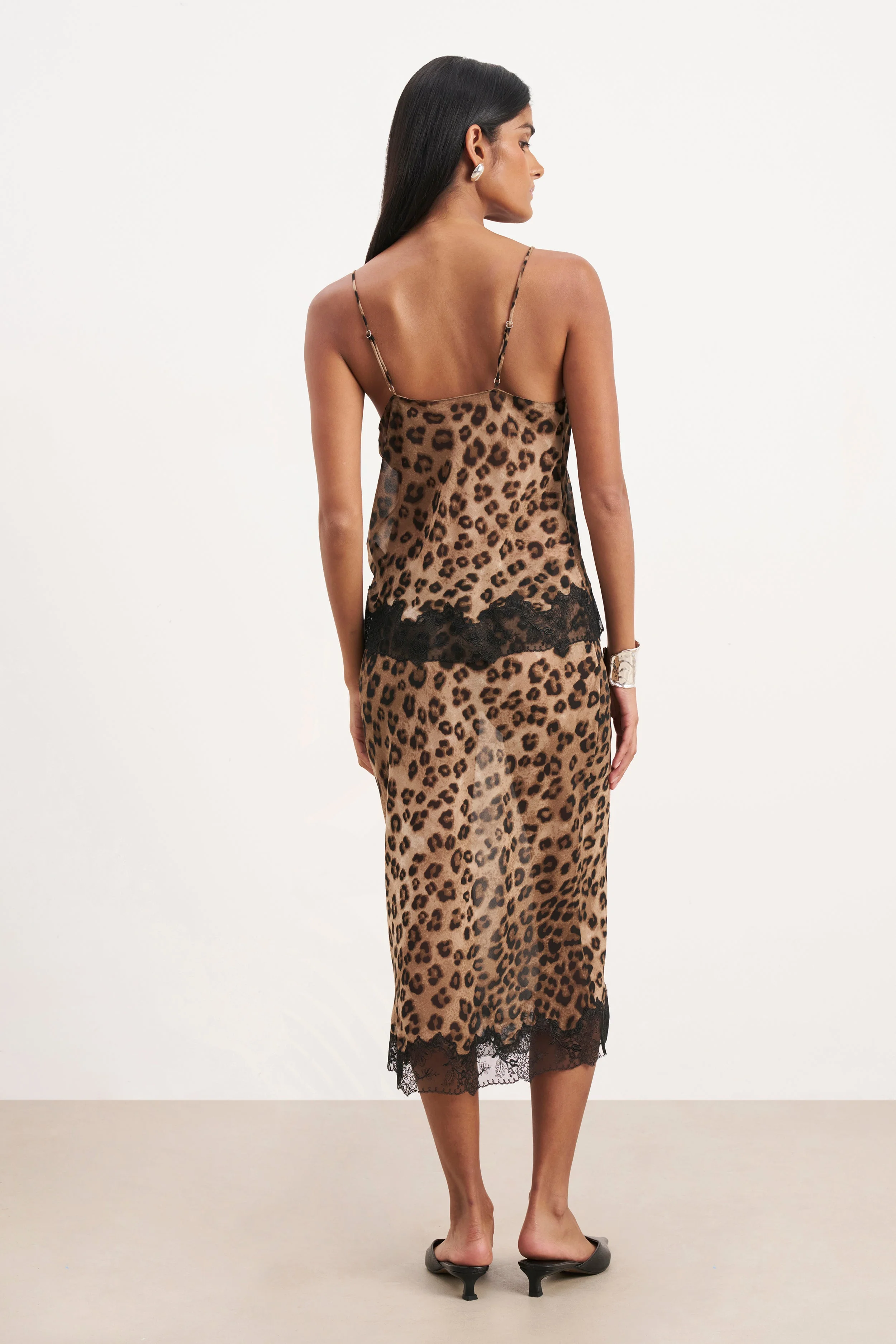 Chiffon Lace Detail Midi Skirt - Leopard Print - Image 5