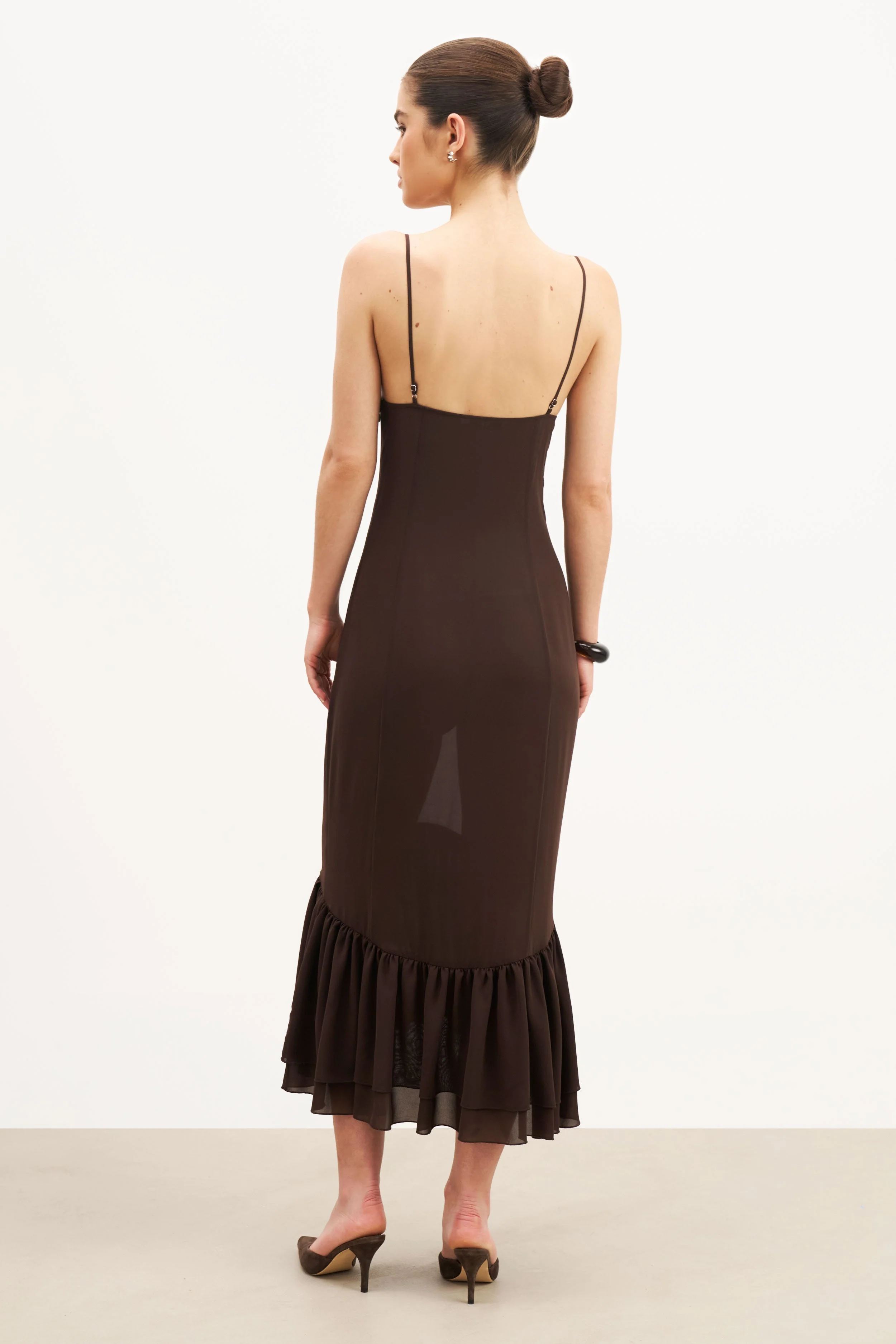 Chiffon Ruffle Ruched Bust Midi Dress - Carob - Image 10