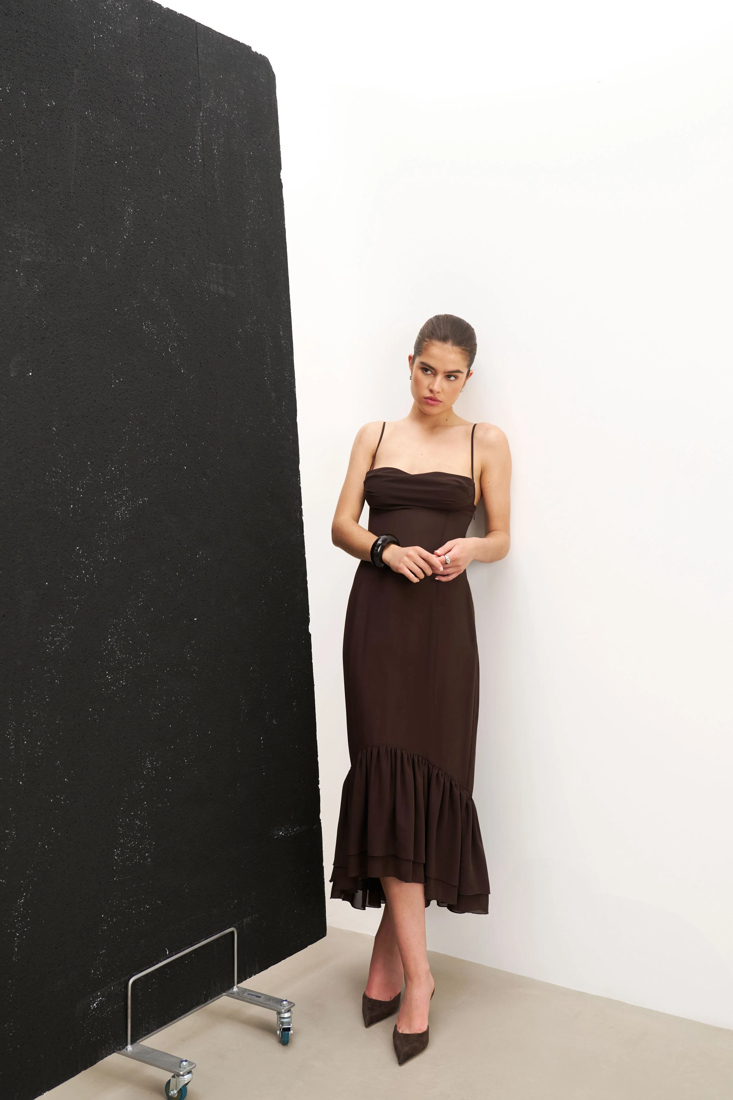 Chiffon Ruffle Ruched Bust Midi Dress - Carob - Image 13