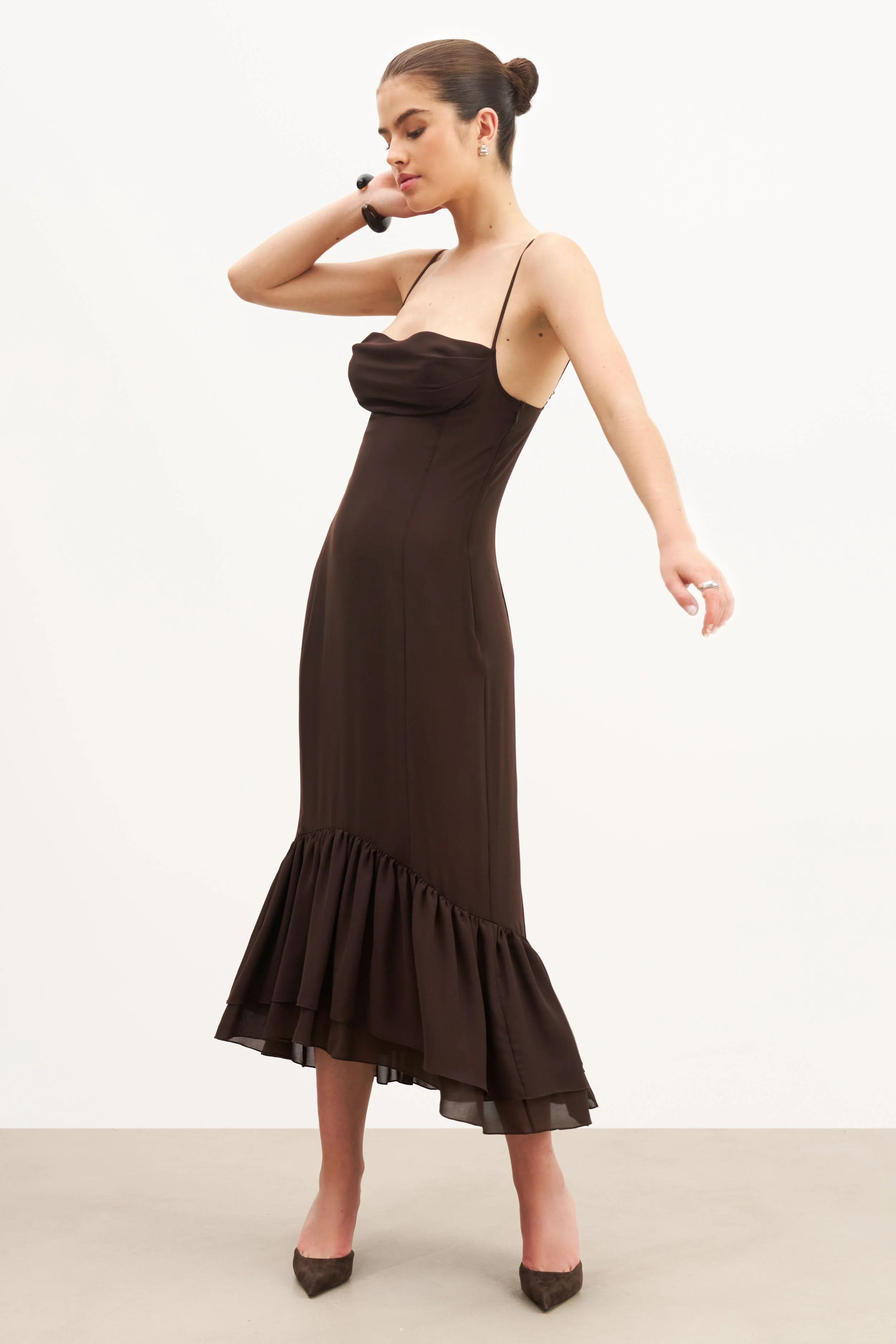 Chiffon Ruffle Ruched Bust Midi Dress - Carob - Image 4