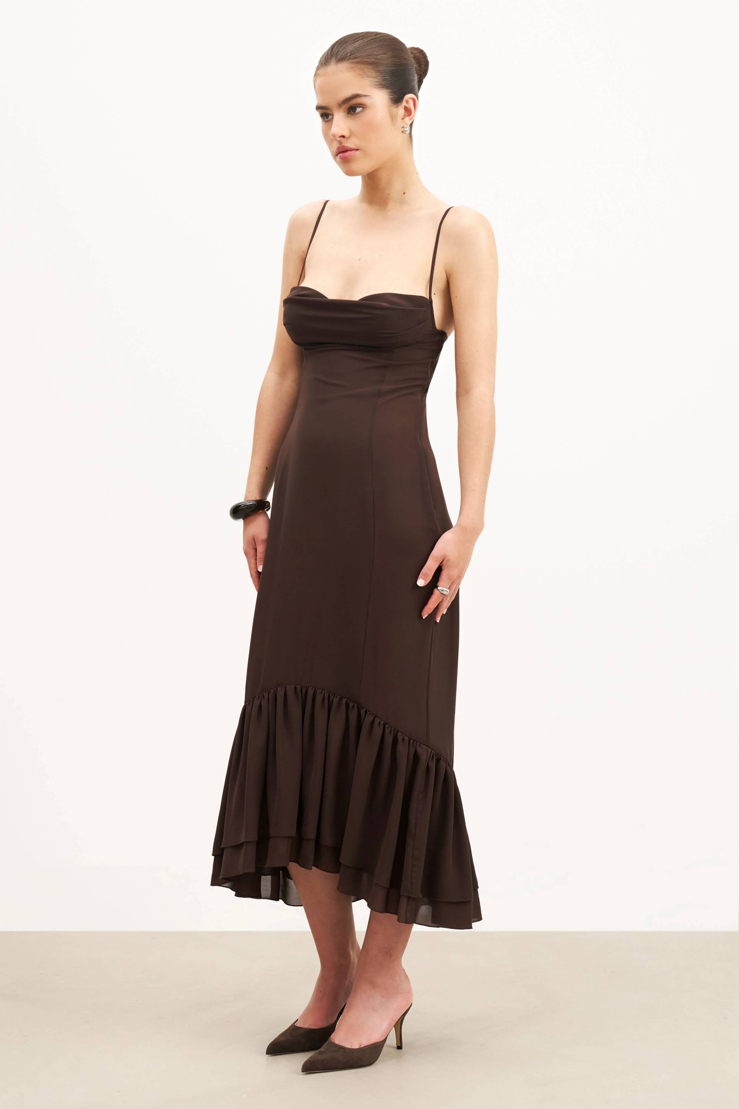 Chiffon Ruffle Ruched Bust Midi Dress - Carob - Image 6