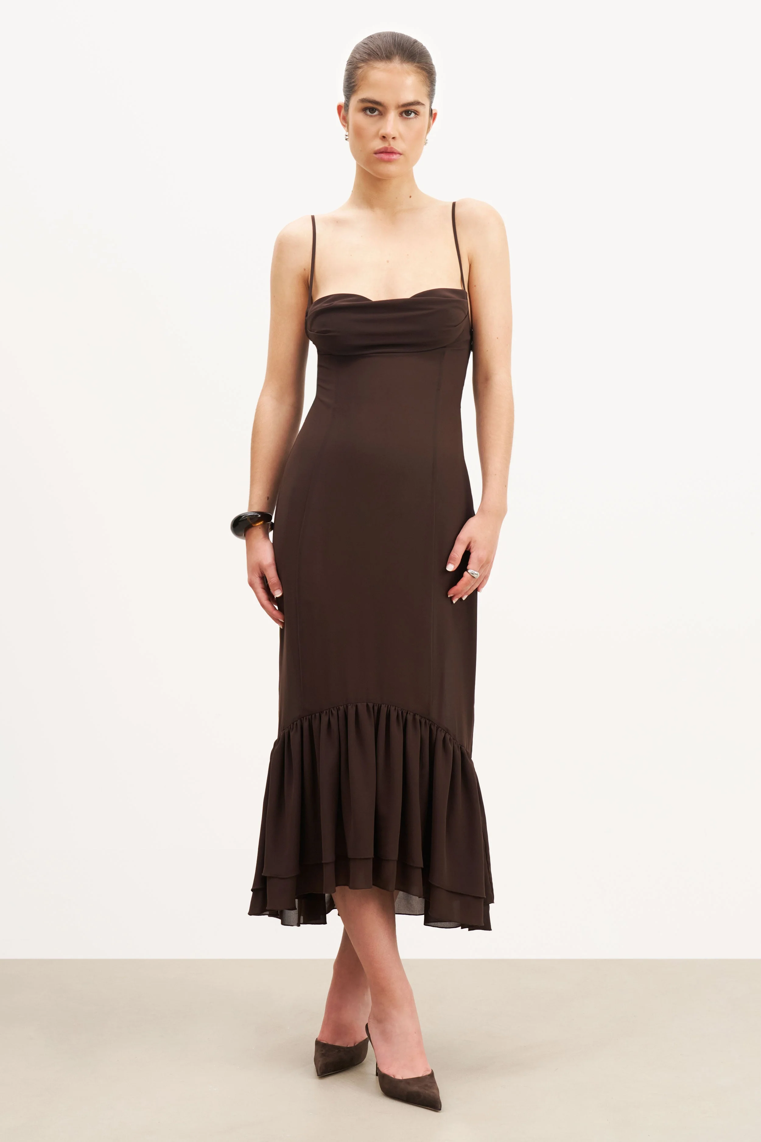 Chiffon Ruffle Ruched Bust Midi Dress - Carob - Image 8