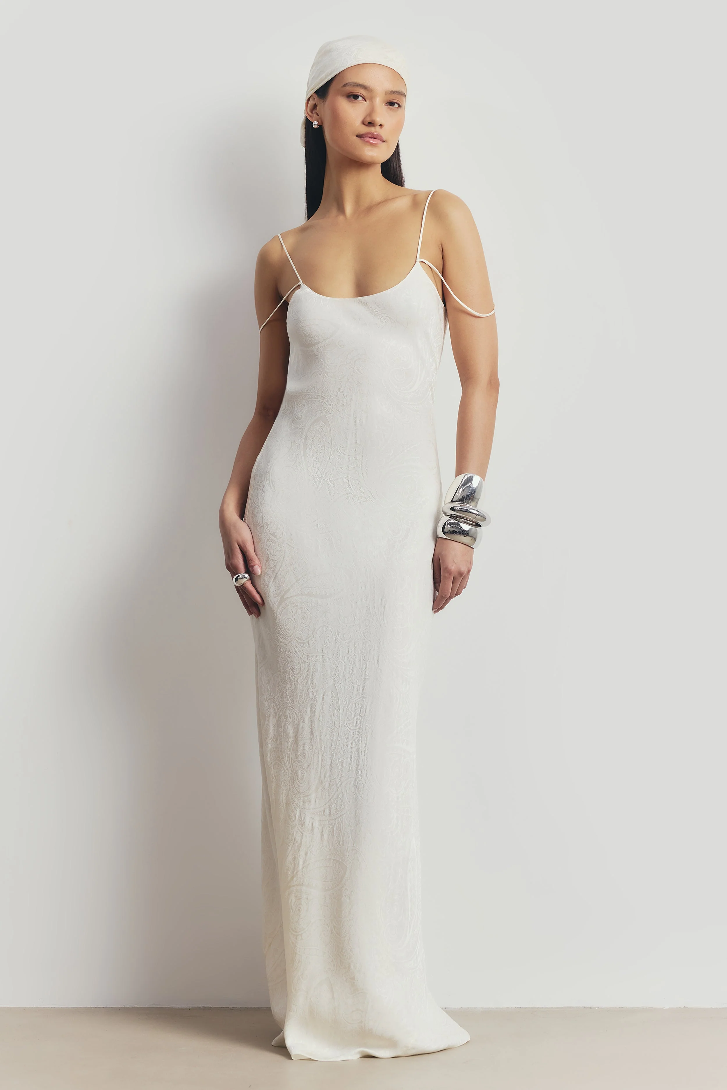 Satin Jacquard Cowl Back Camisole Maxi Dress - Cream - Image 9