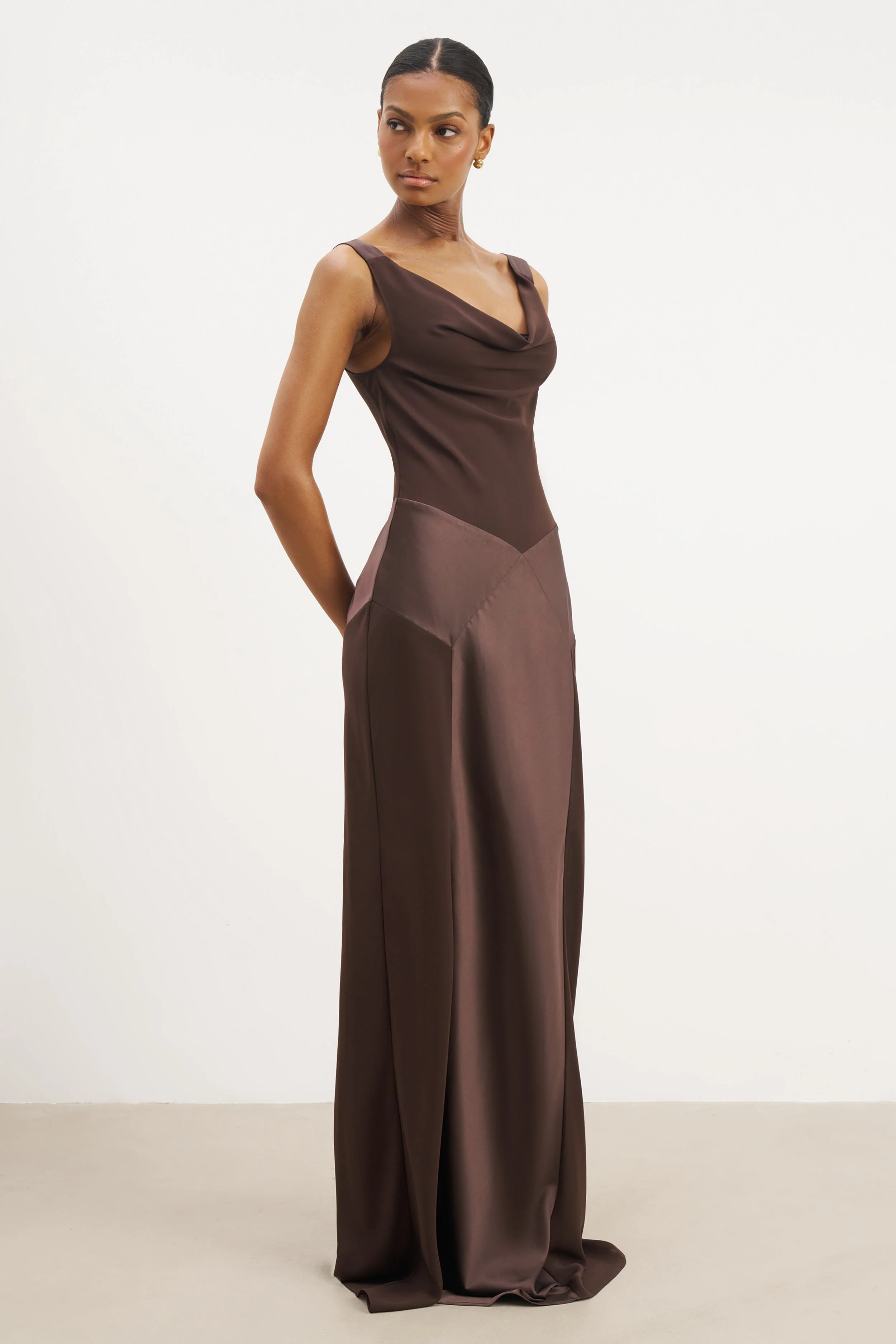 Sheer Chiffon Cowl Neck Satin Panel Gown - Carob - Image 5