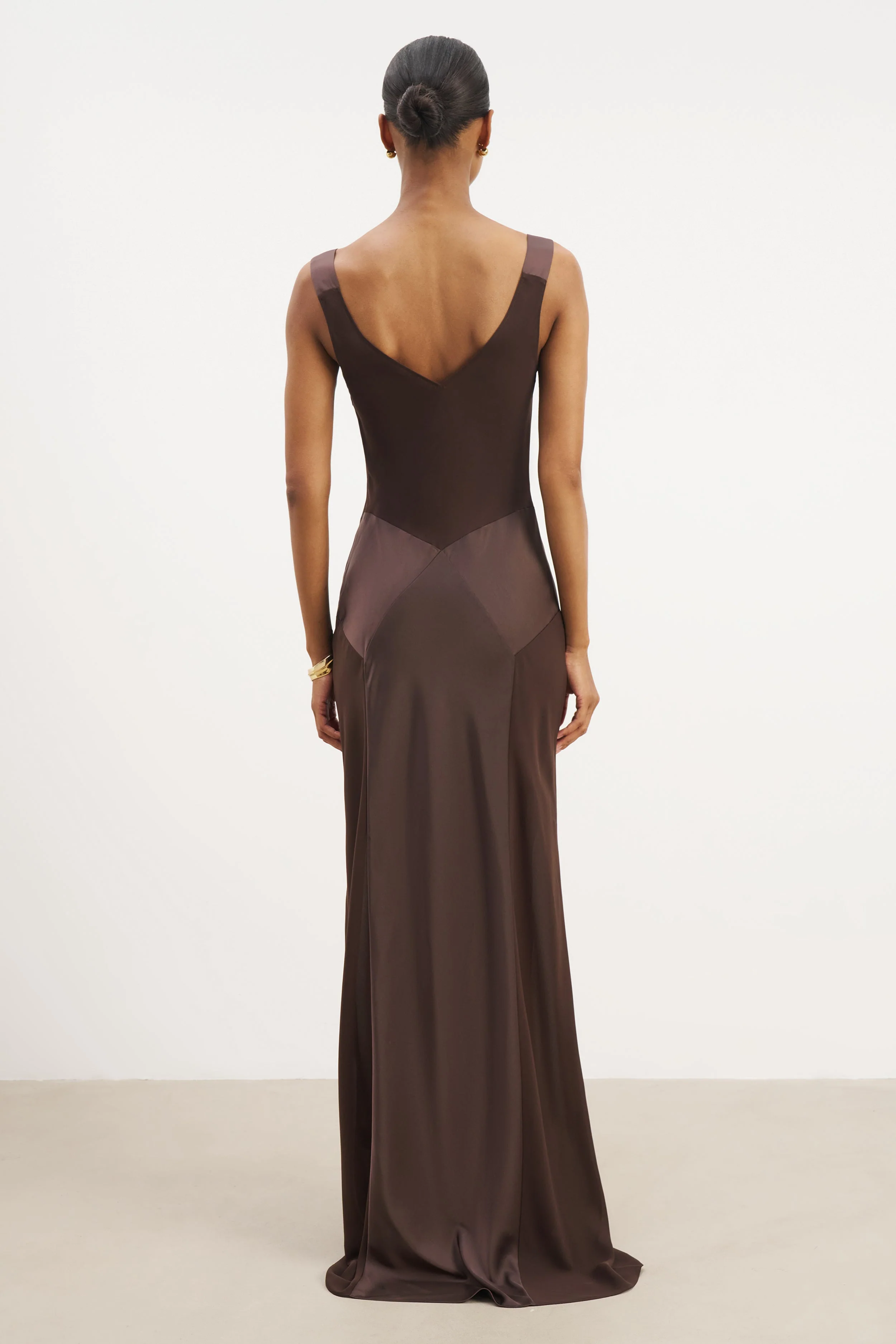 Sheer Chiffon Cowl Neck Satin Panel Gown - Carob - Image 8
