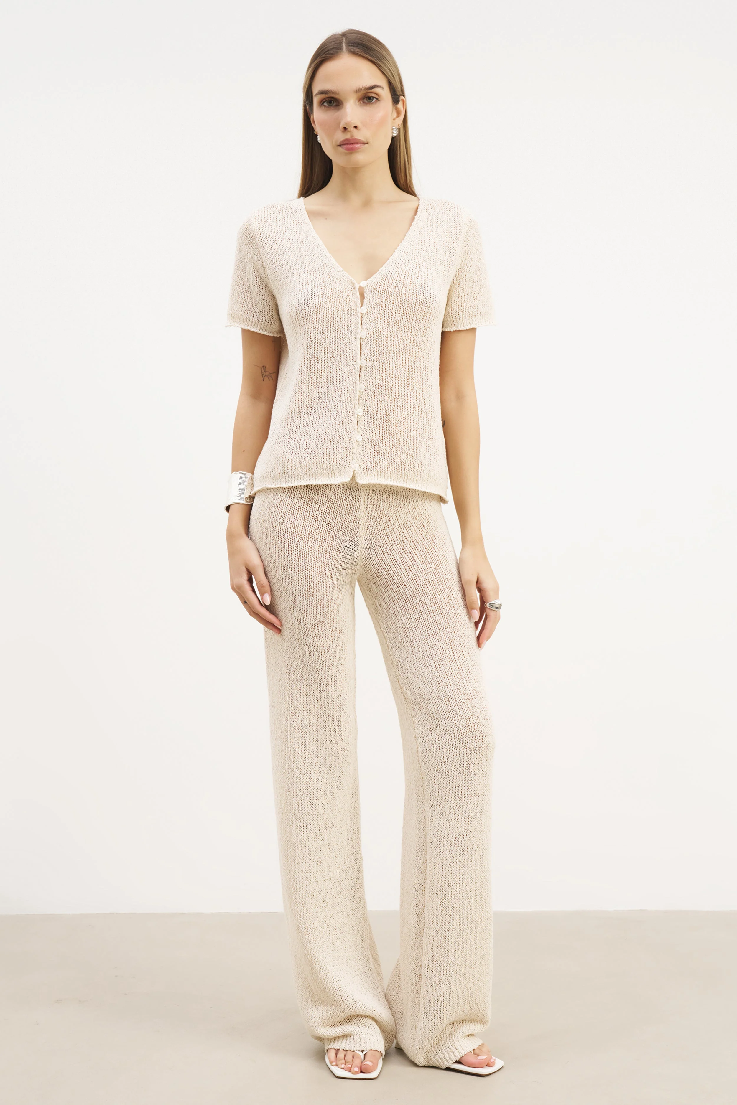 Crochet Knit Button Up Top - Cream - Image 2