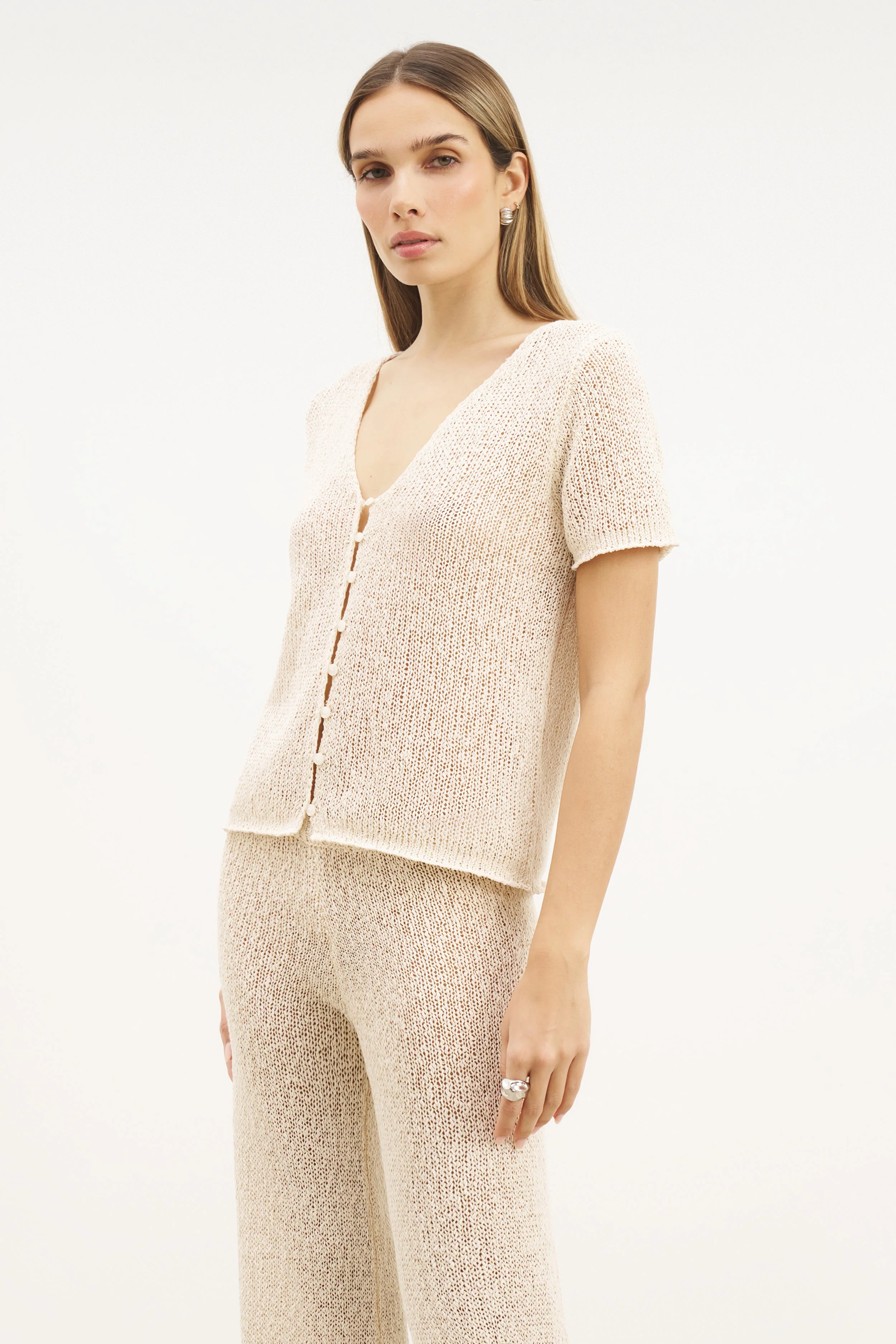 Crochet Knit Button Up Top - Cream - Image 3