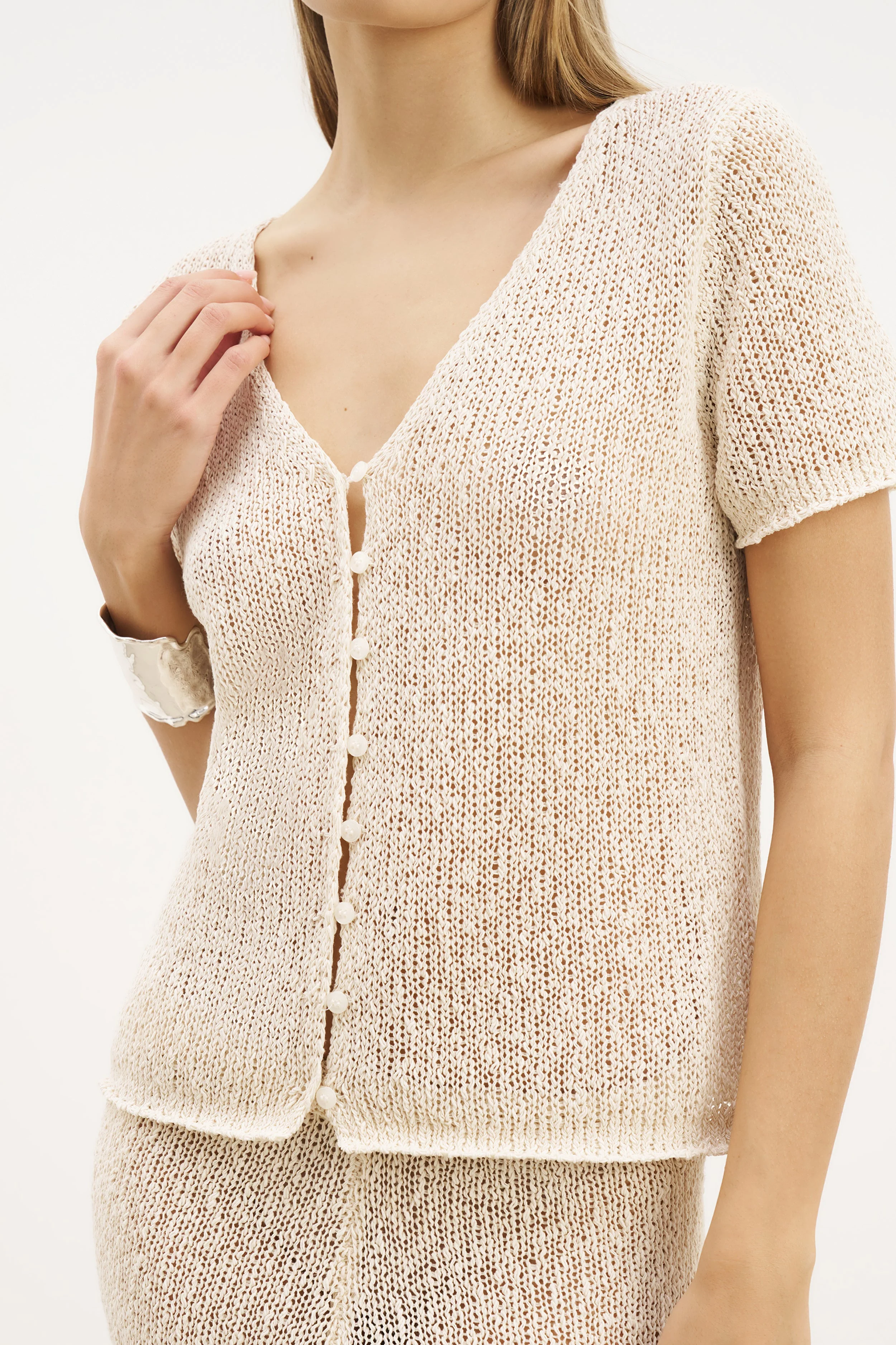 Crochet Knit Button Up Top - Cream - Image 4