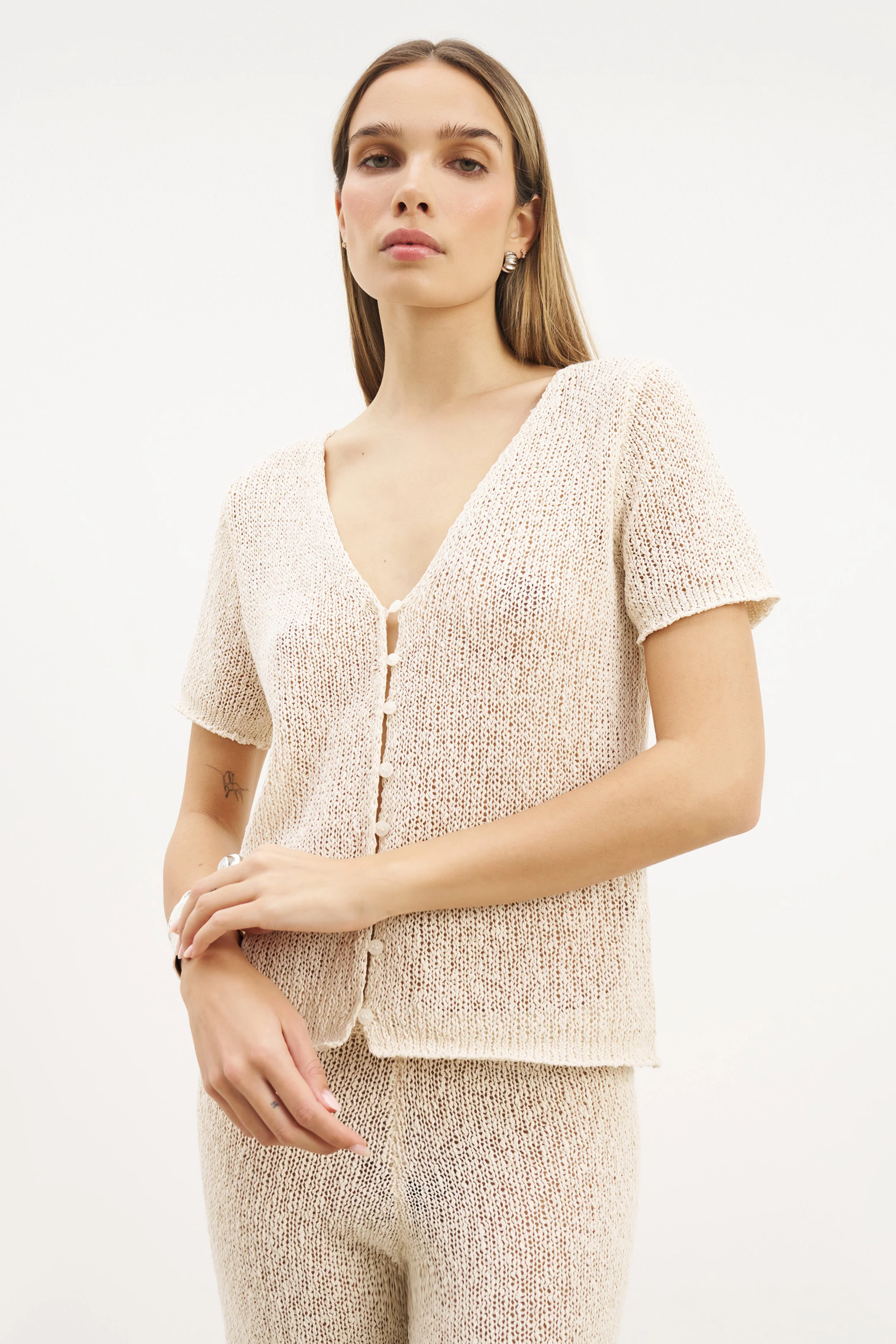 Crochet Knit Button Up Top - Cream - Image 5