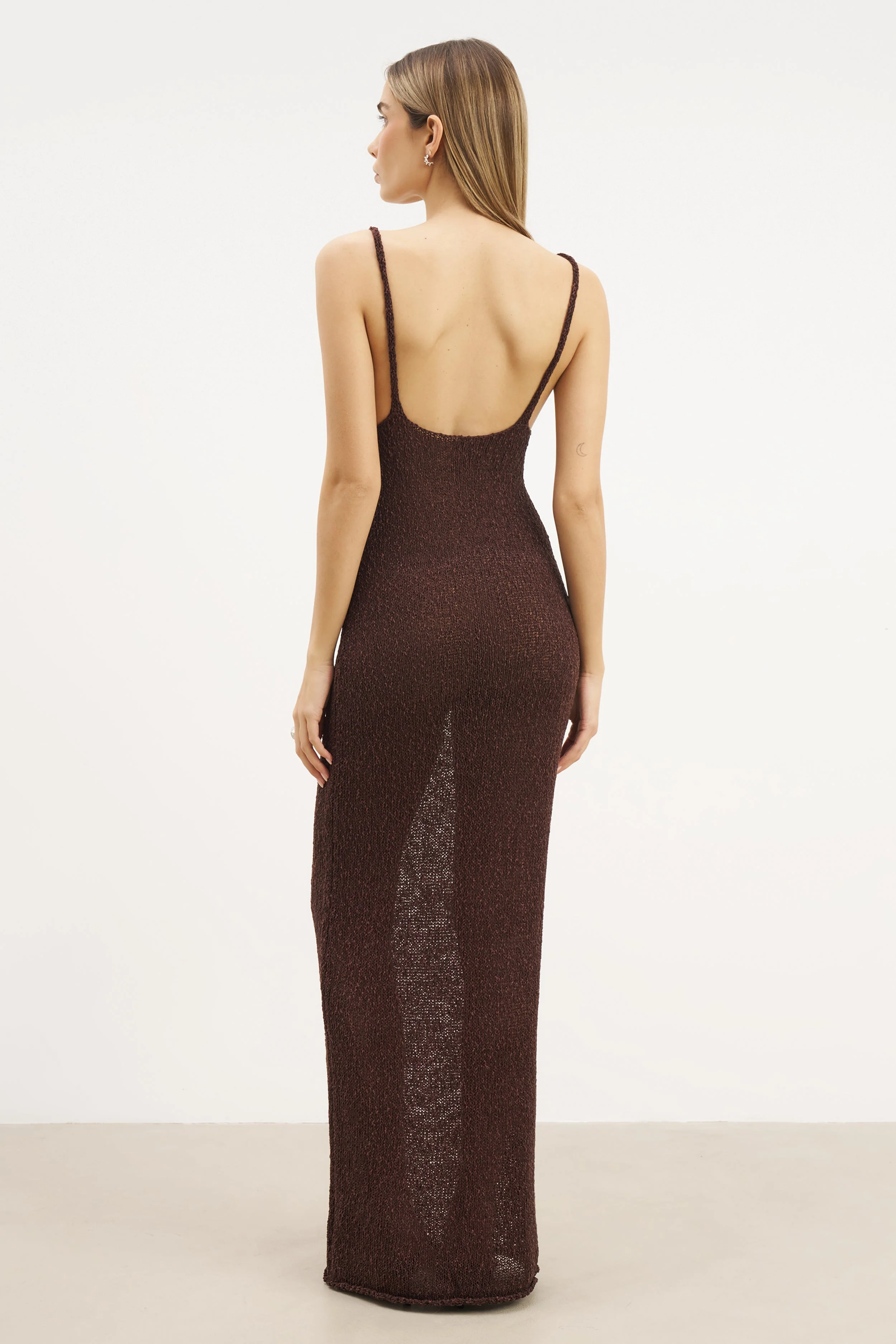 Crochet Knit Plunging Cami Maxi Dress - Carob - Image 6