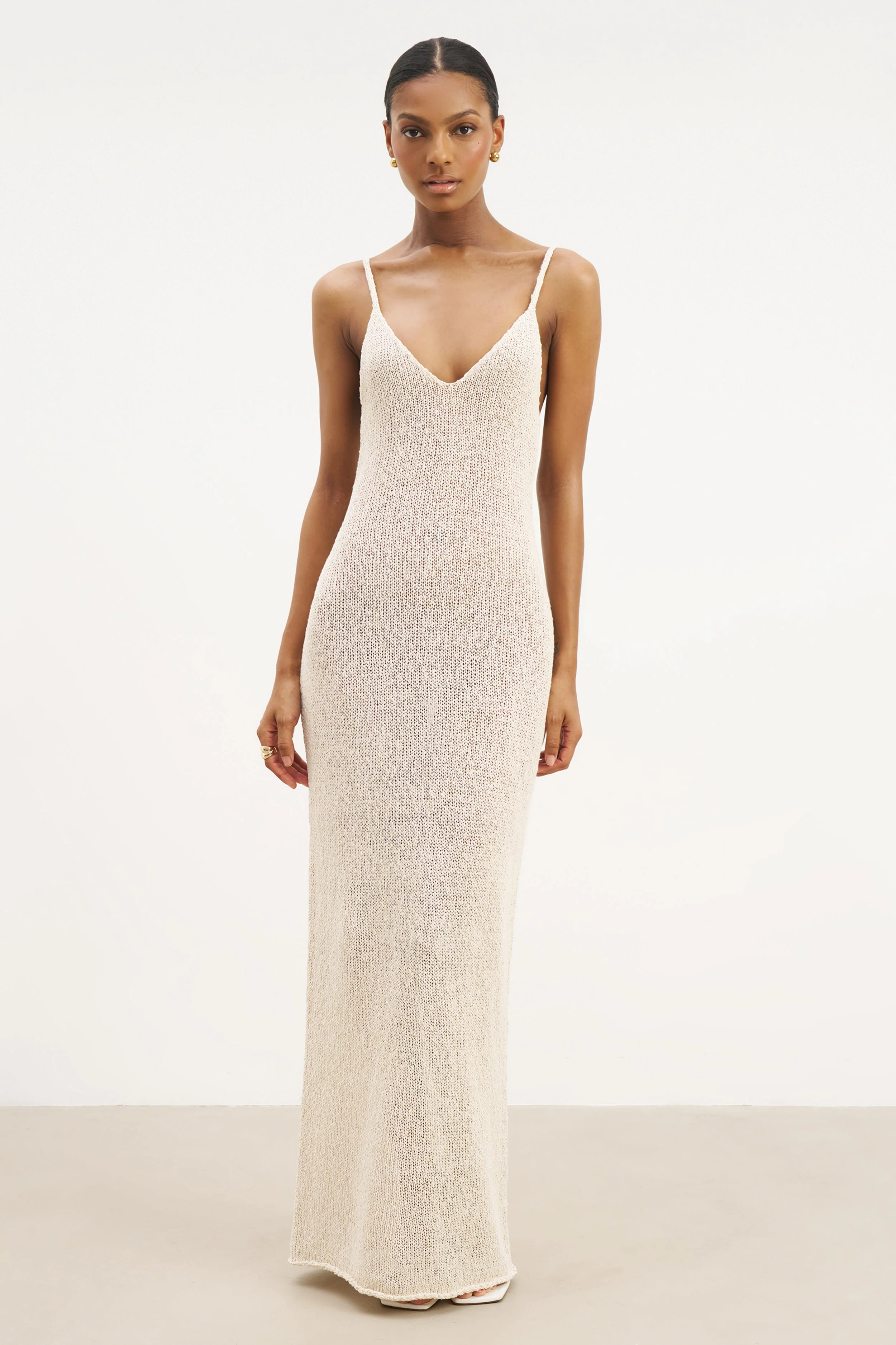 Crochet Knit Plunging Cami Maxi Dress - Cream - Image 3
