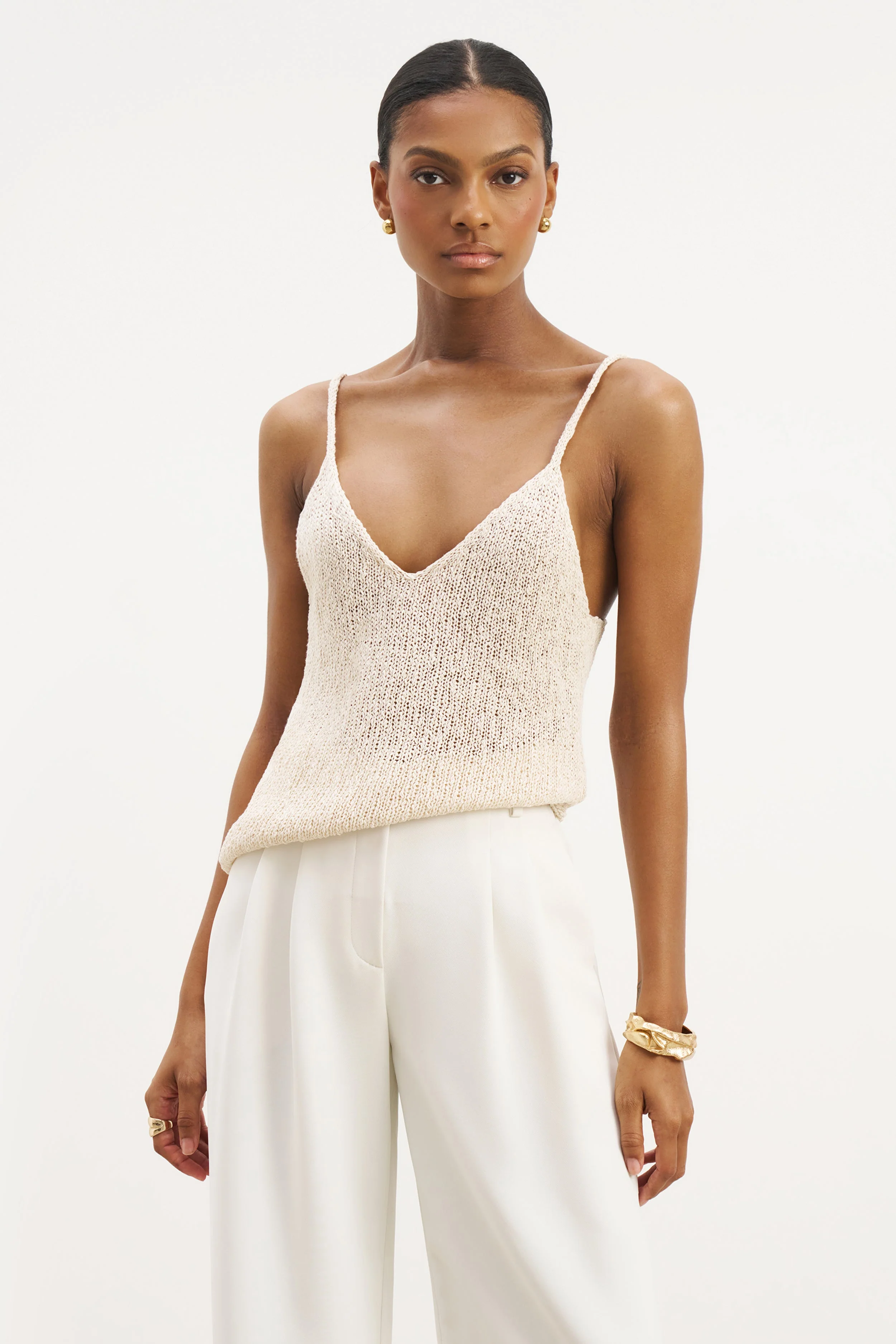 Crochet Knit Plunging Cami Top - Cream - Image 5