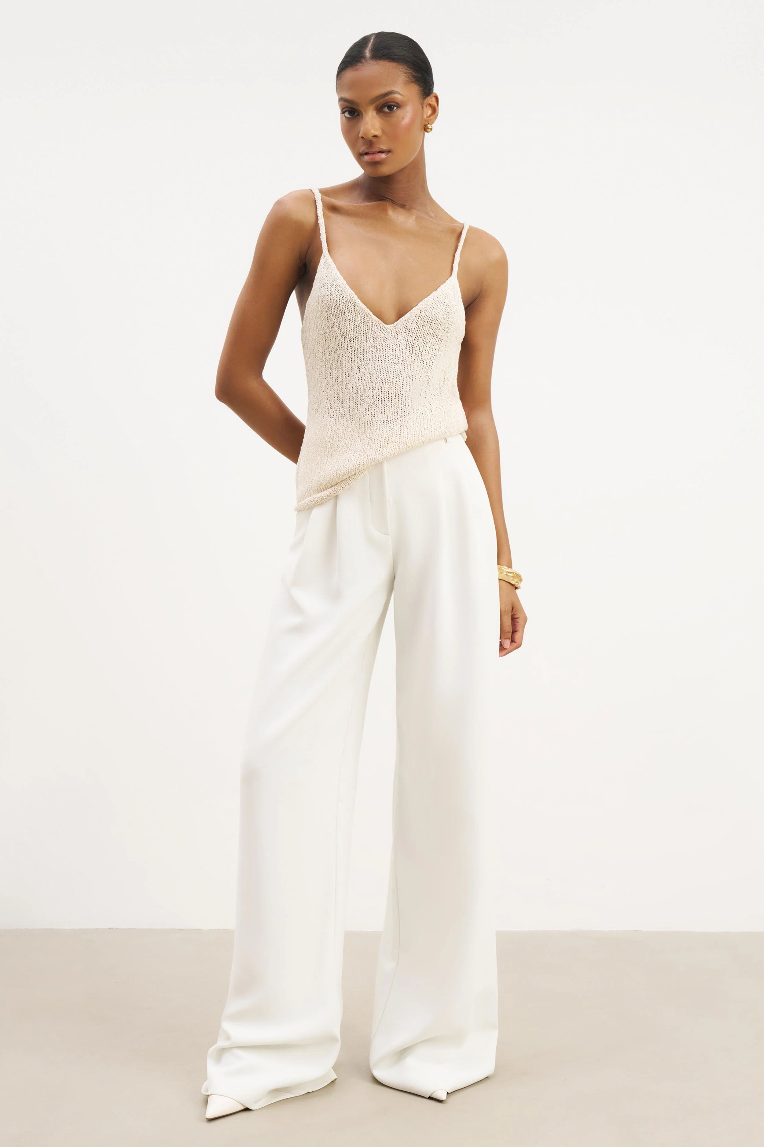 Crochet Knit Plunging Cami Top - Cream - Image 6