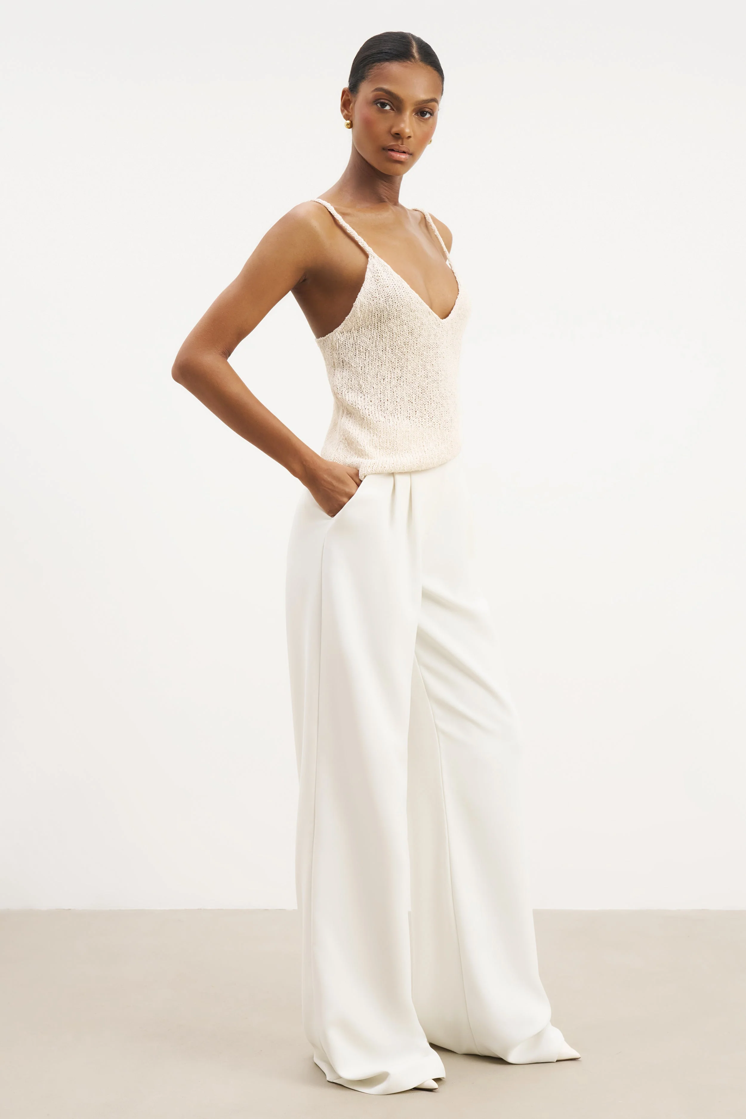 Crochet Knit Plunging Cami Top - Cream - Image 7