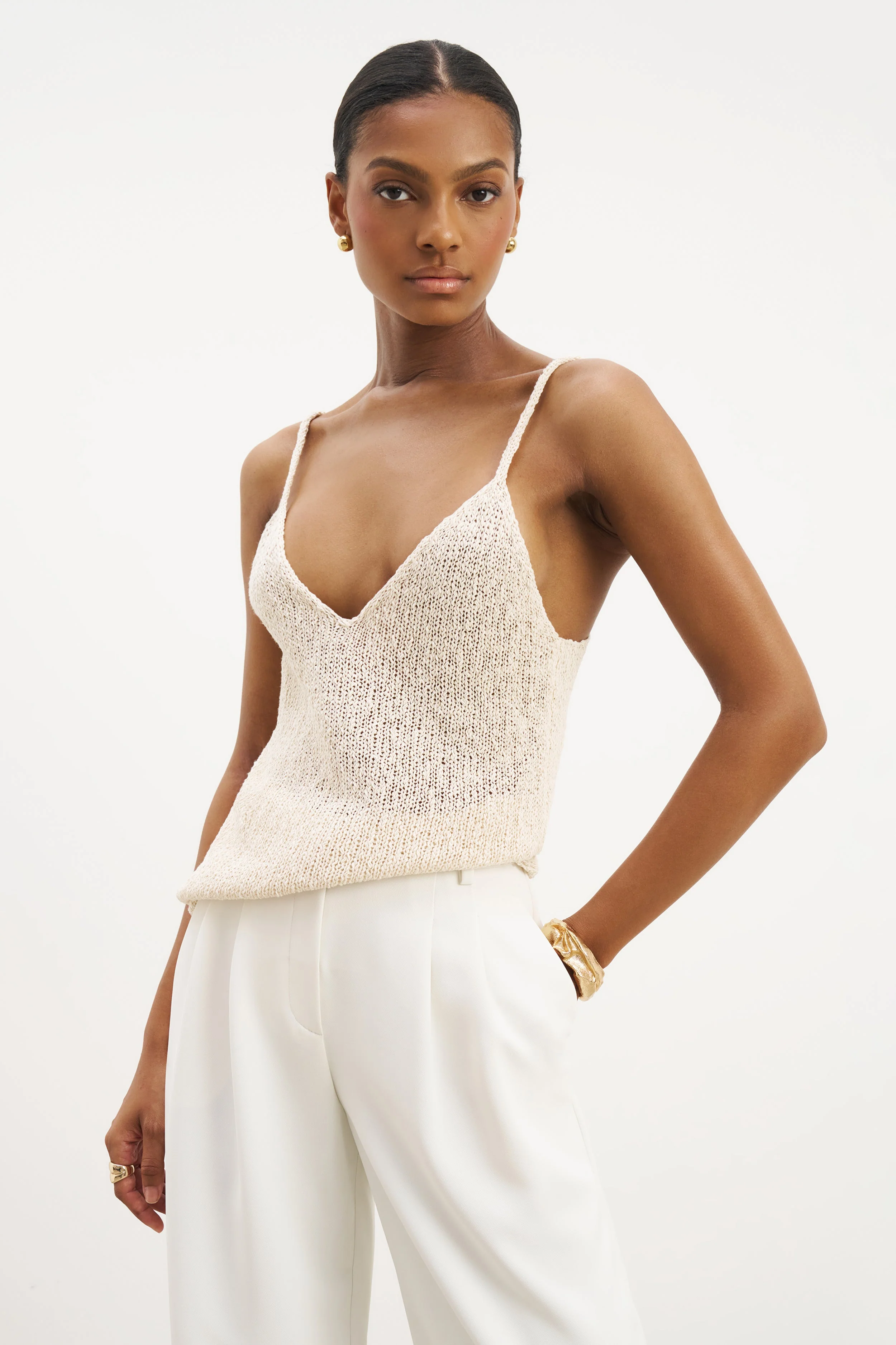 Crochet Knit Plunging Cami Top - Cream - Image 8