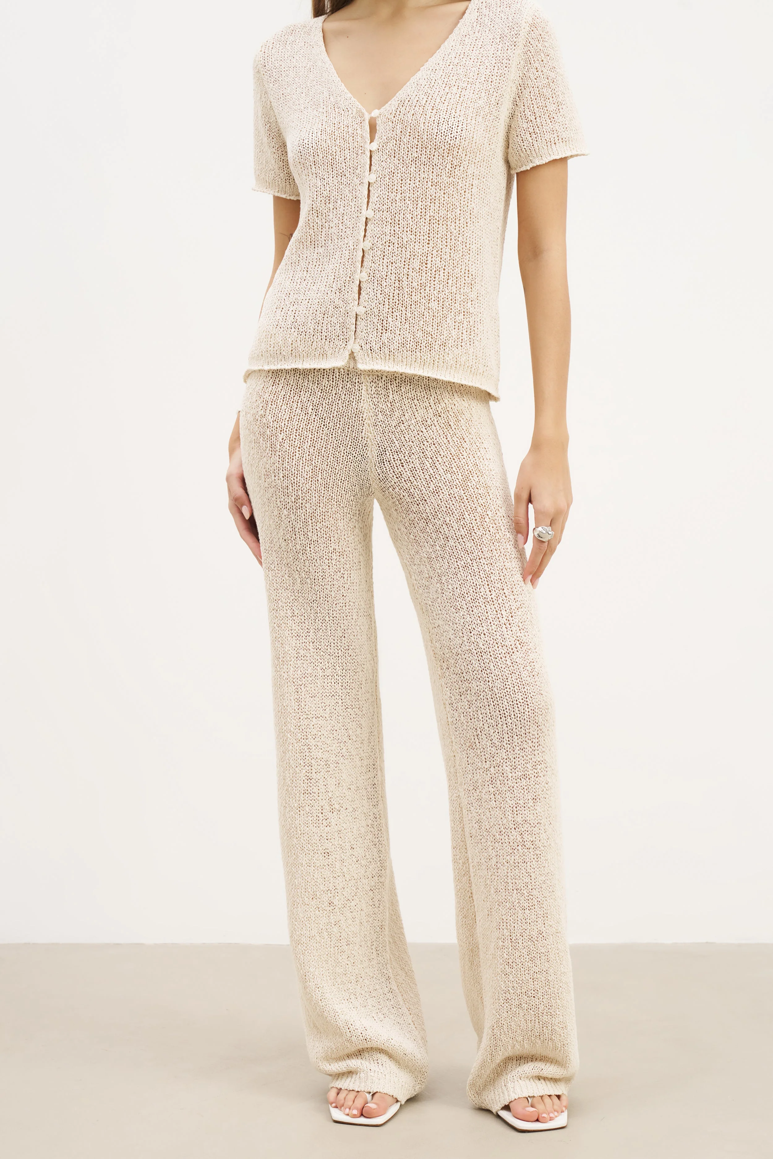 Crochet Knit Wide Leg Trousers - Cream - Image 3