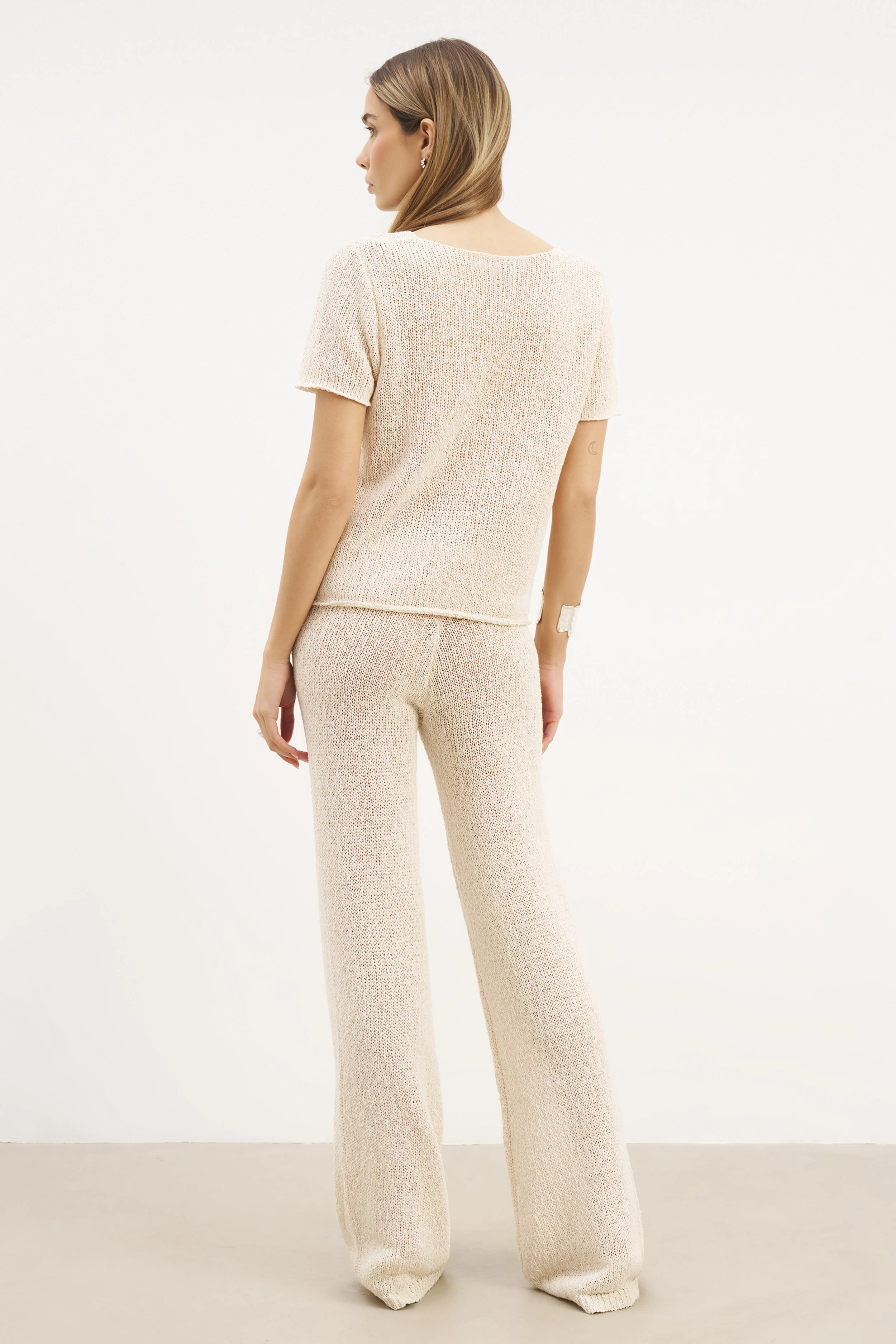 Crochet Knit Wide Leg Trousers - Cream - Image 6