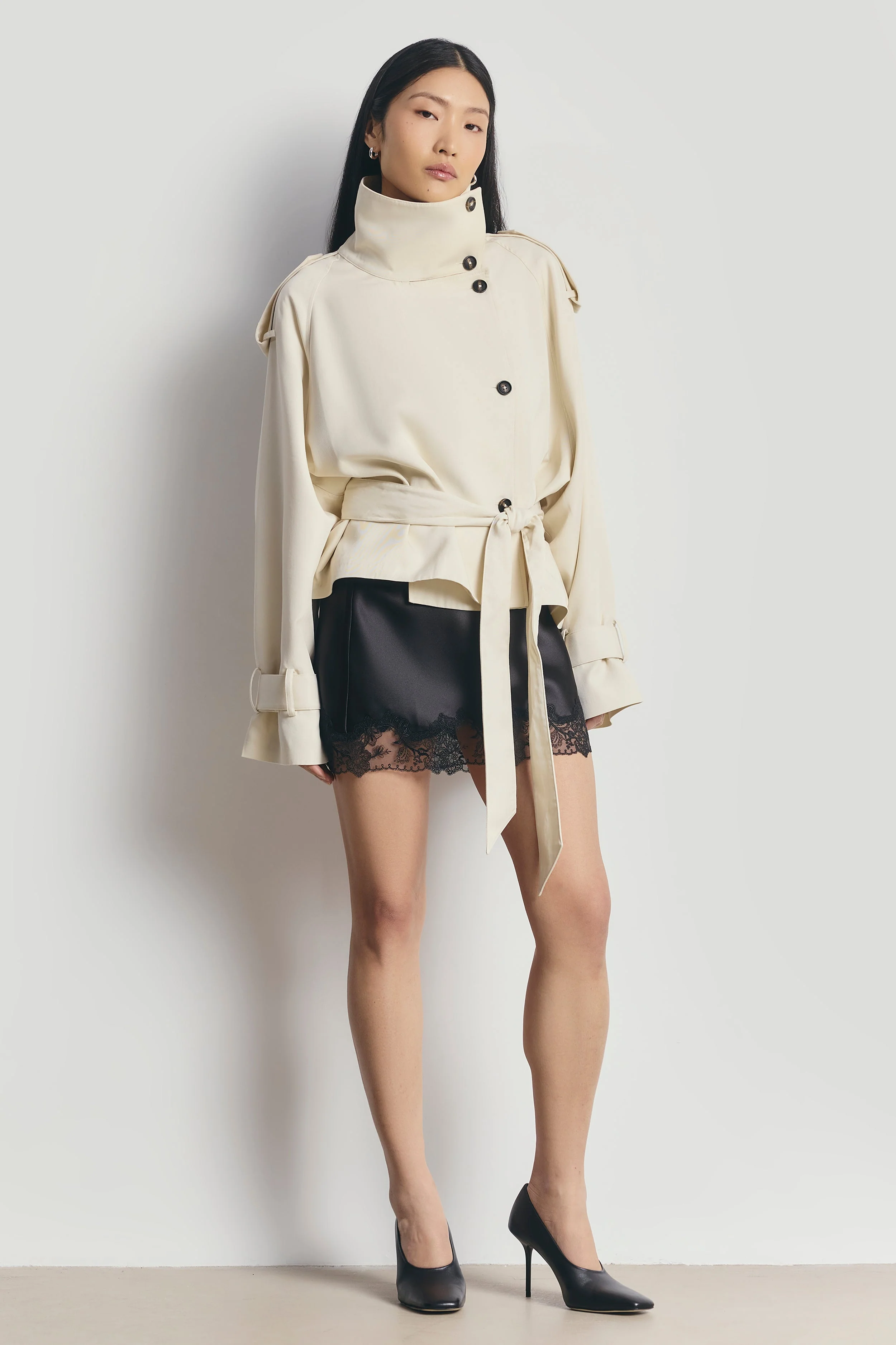 Cropped Funnel Neck Trench - Ecru
