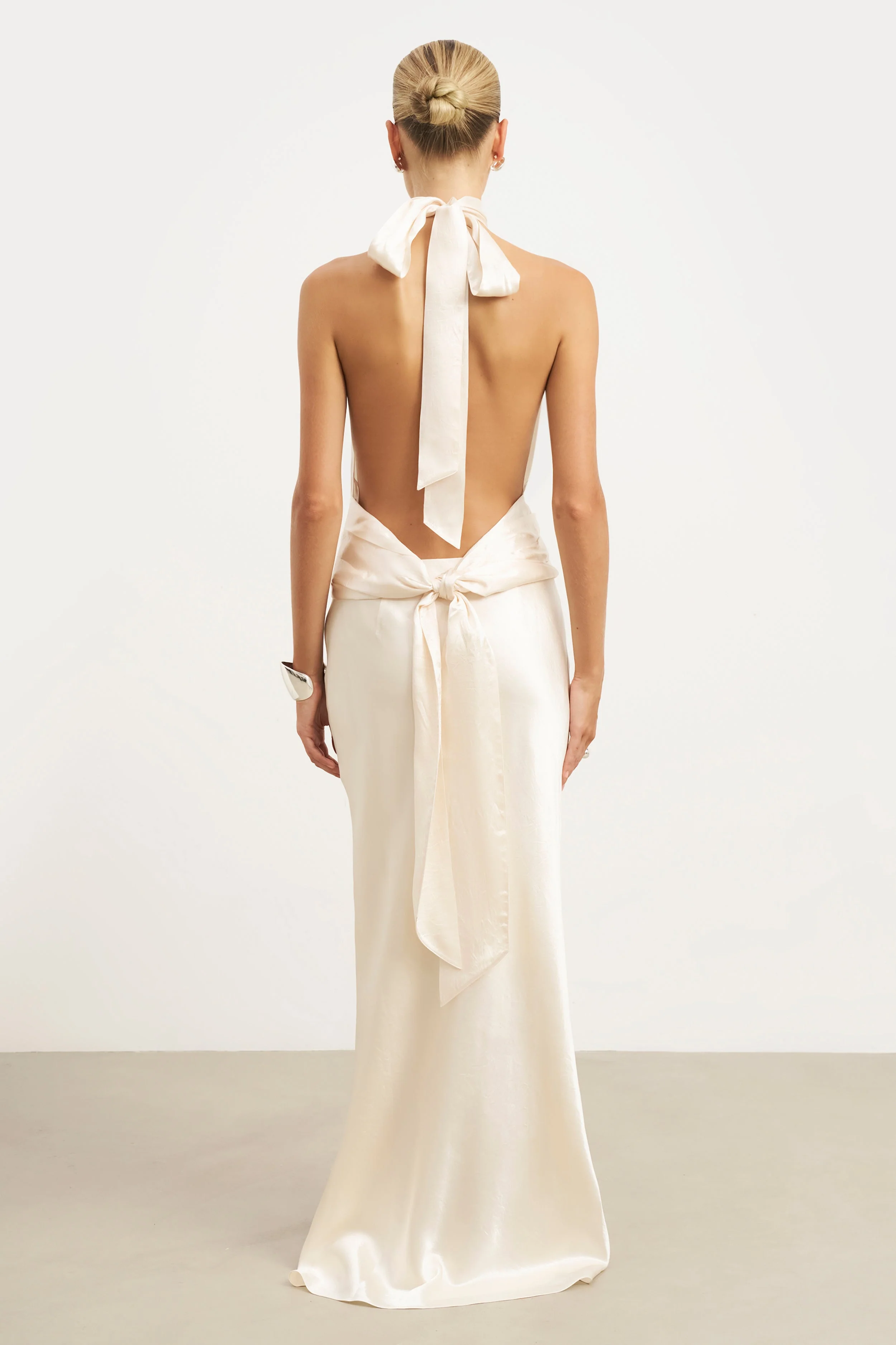 Crushed Satin Backless Halterneck Top - Champagne - Image 9