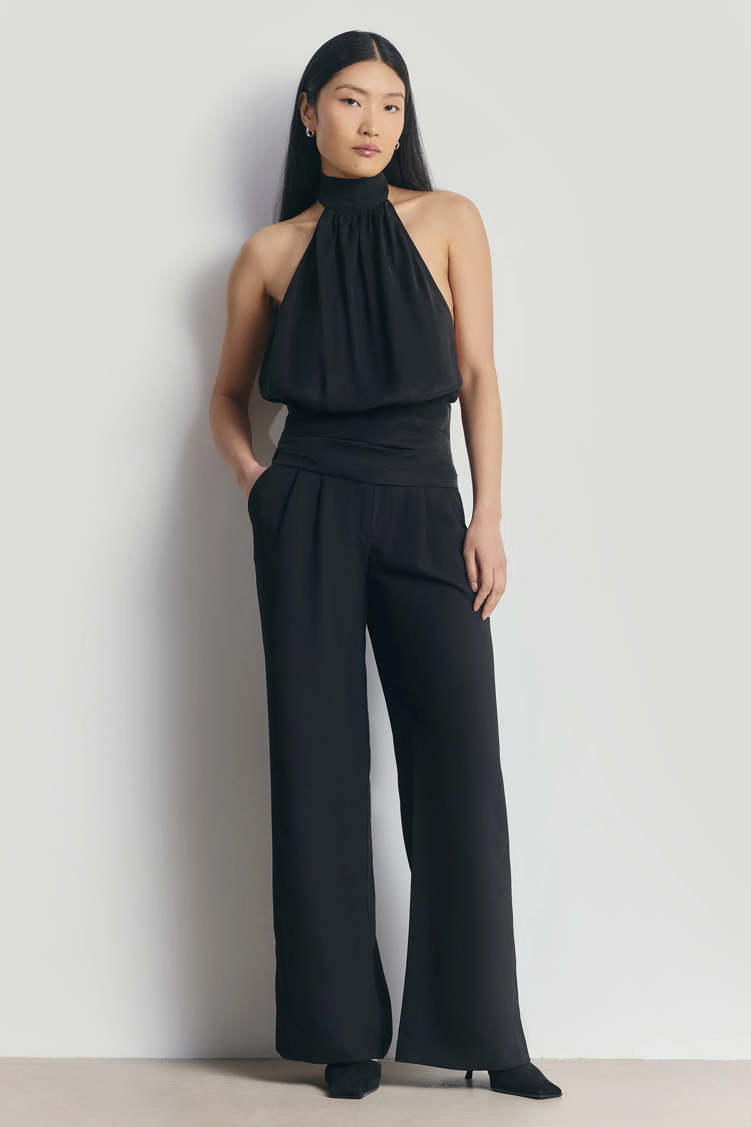 Cupro Backless Belted Halterneck Top - Black - Image 2