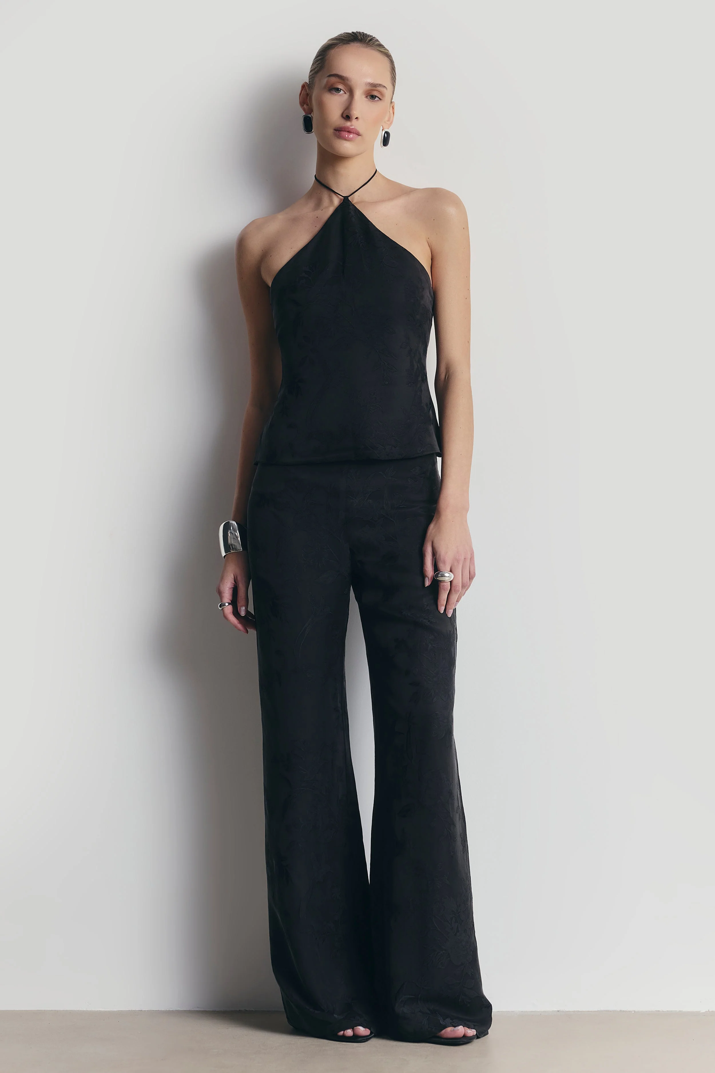 Cupro Jacquard Tailored Wide Leg Trousers - Charcoal - Image 4