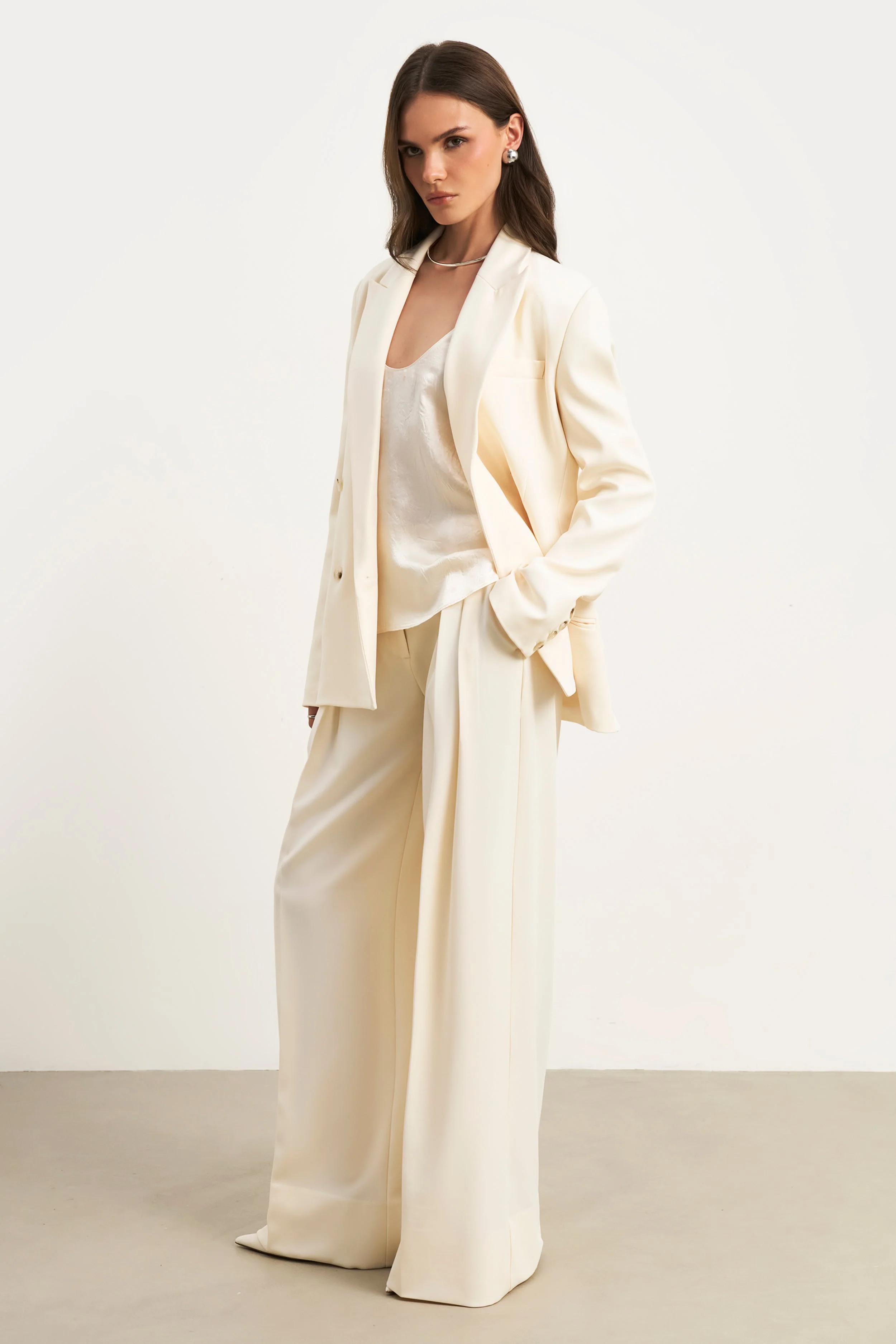 Dropped Waist Double Breasted Blazer - Cream - Image 6