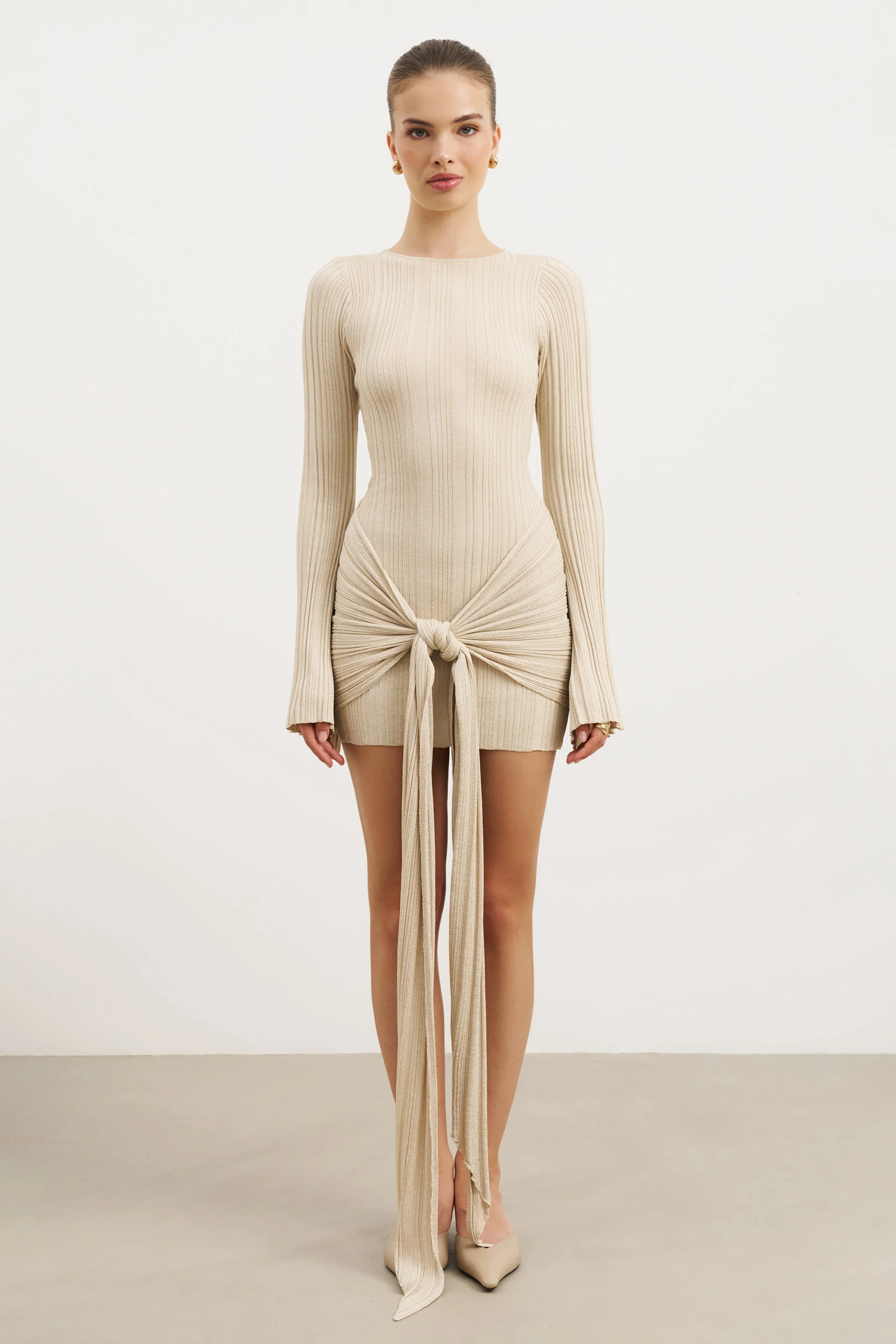 Fine Knit Gathered Longsleeve Mini Dress - Champagne Shimmer - Image 5