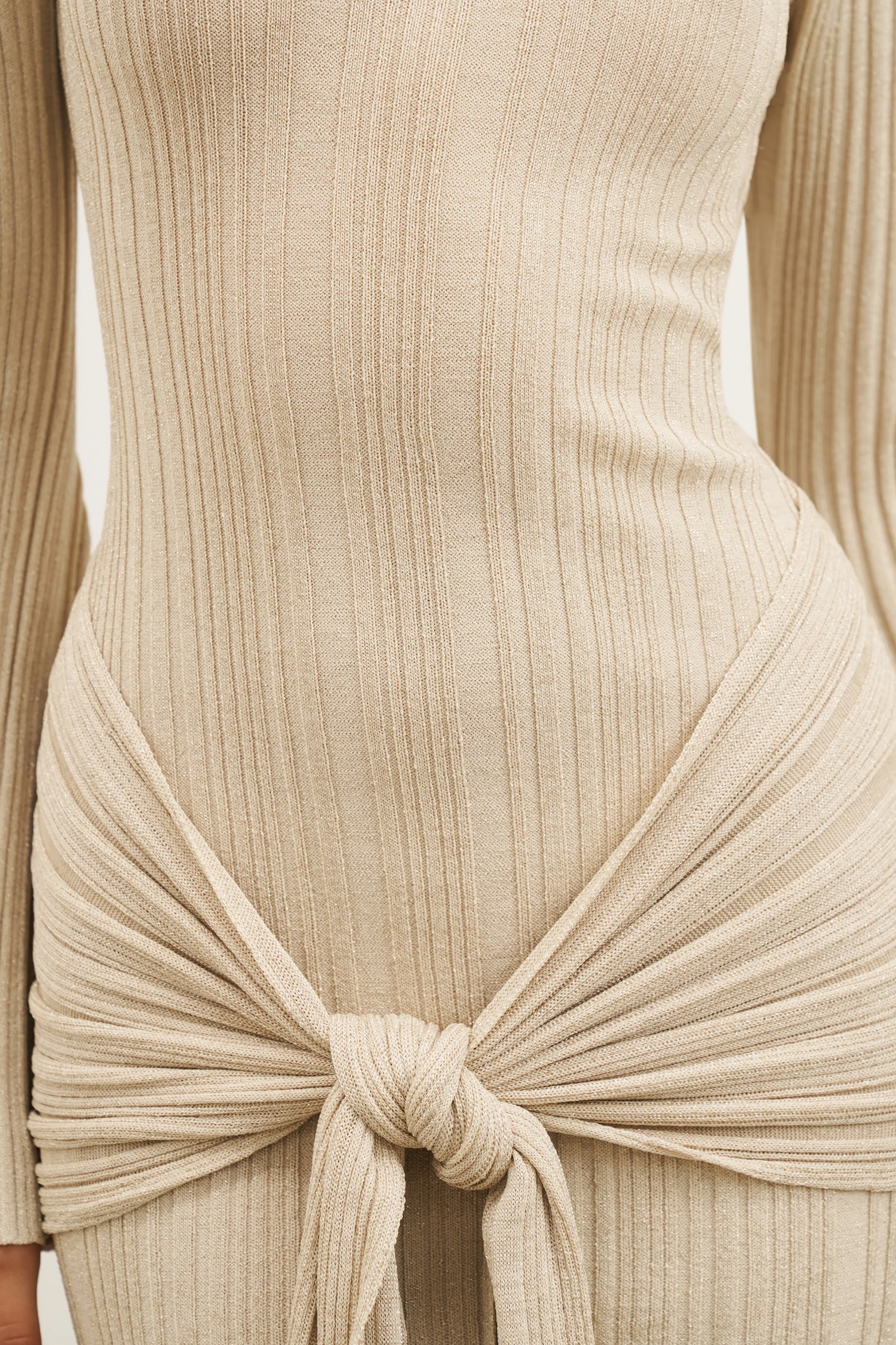 Fine Knit Gathered Longsleeve Mini Dress - Champagne Shimmer - Image 9