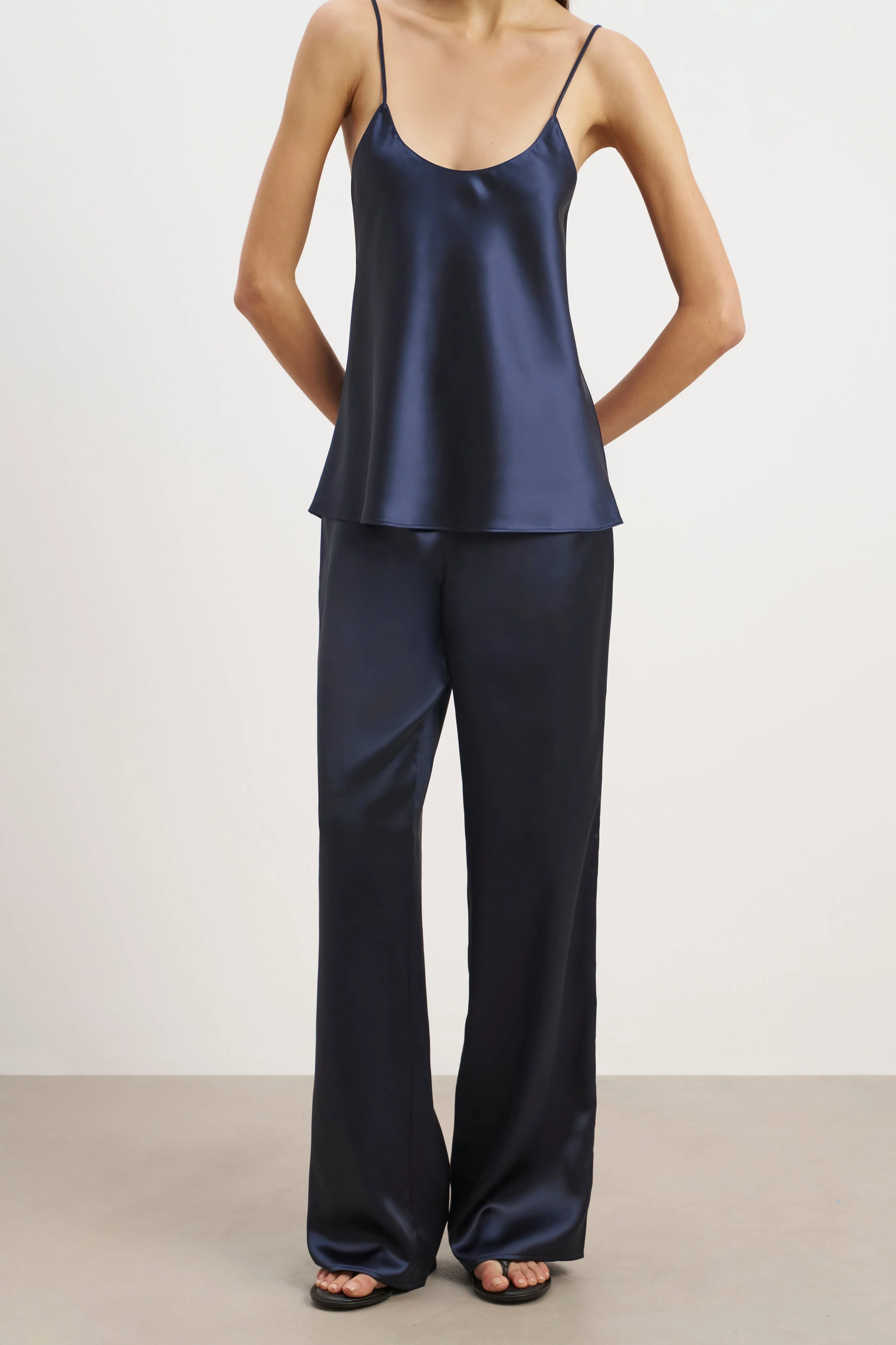 Formal Satin Straight Leg Trousers - Navy - Image 2