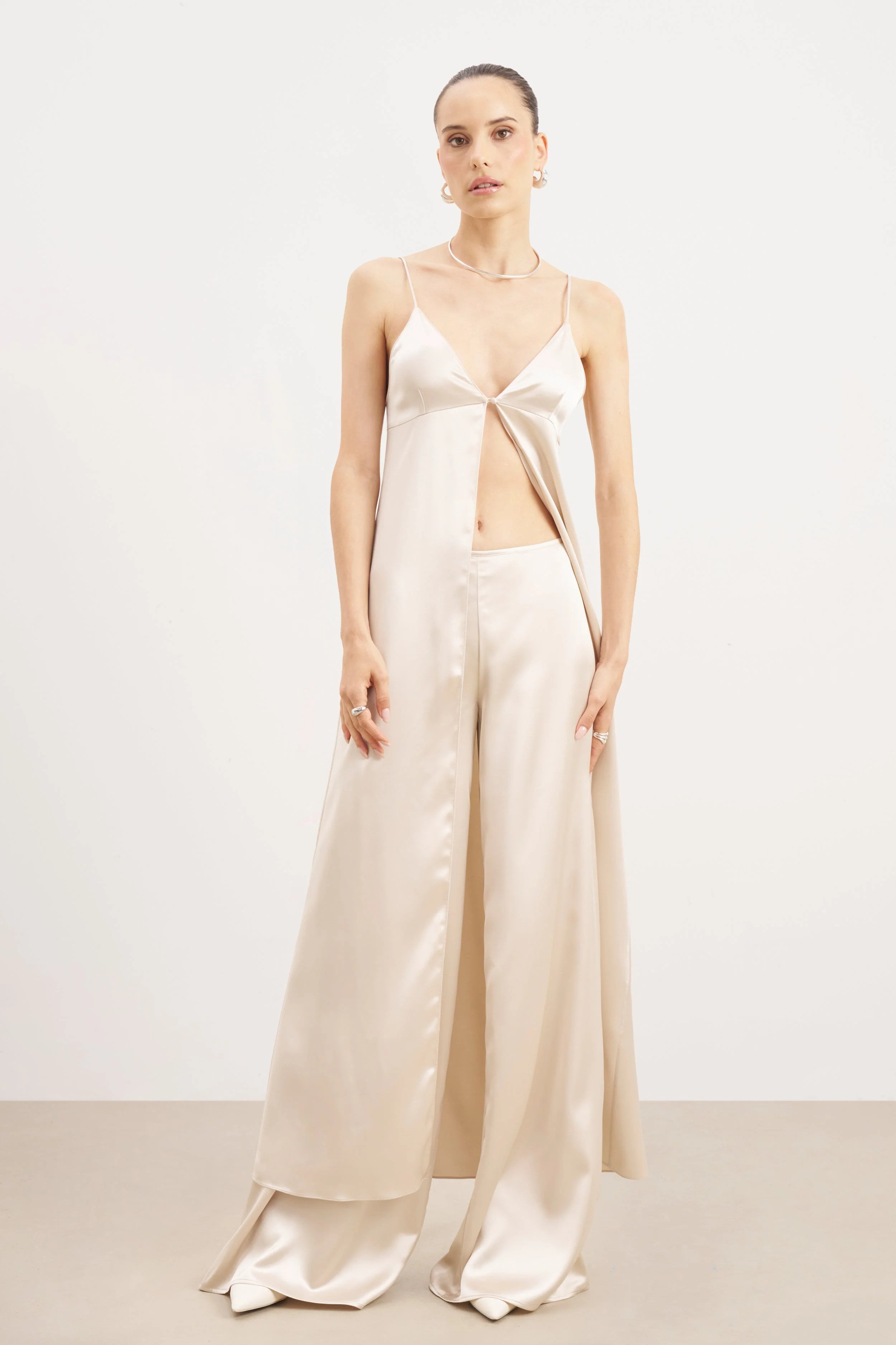 Formal Satin Ultra Wide Leg Trousers - Champagne - Image 2