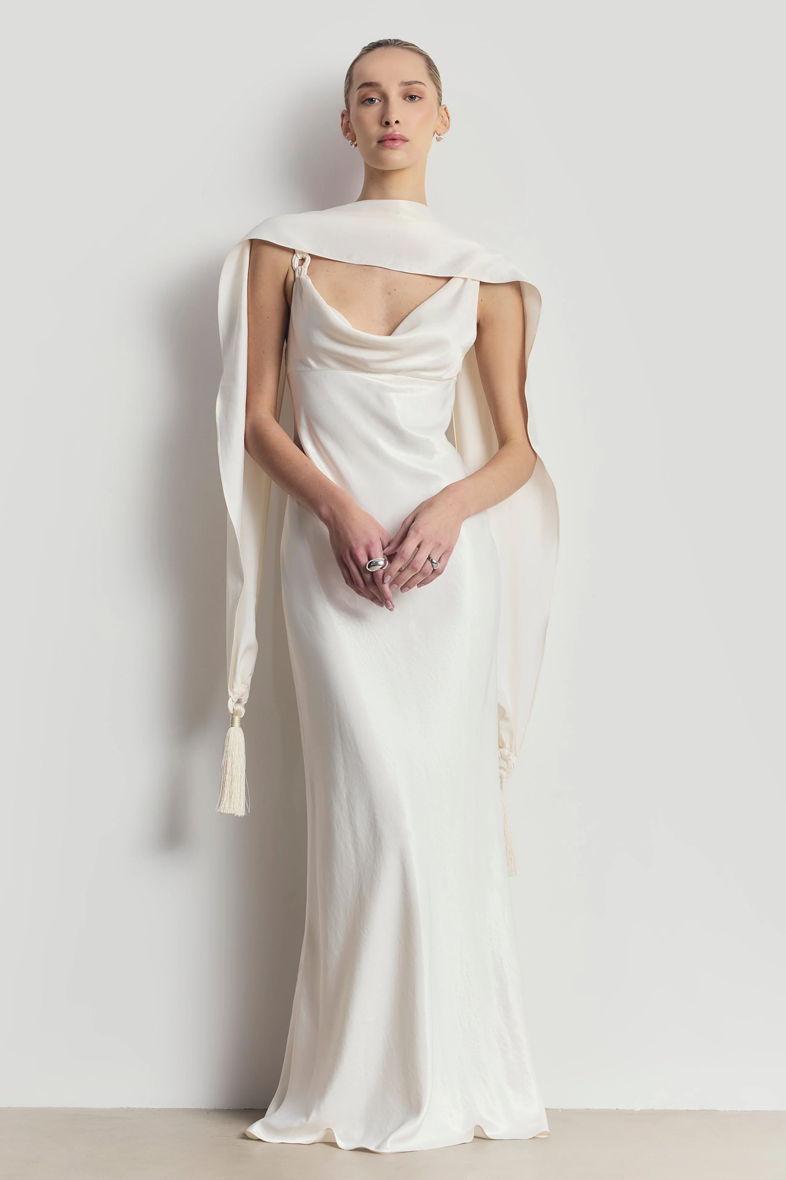 High Gloss Satin Cowl Neck Gown - Cream - Image 3
