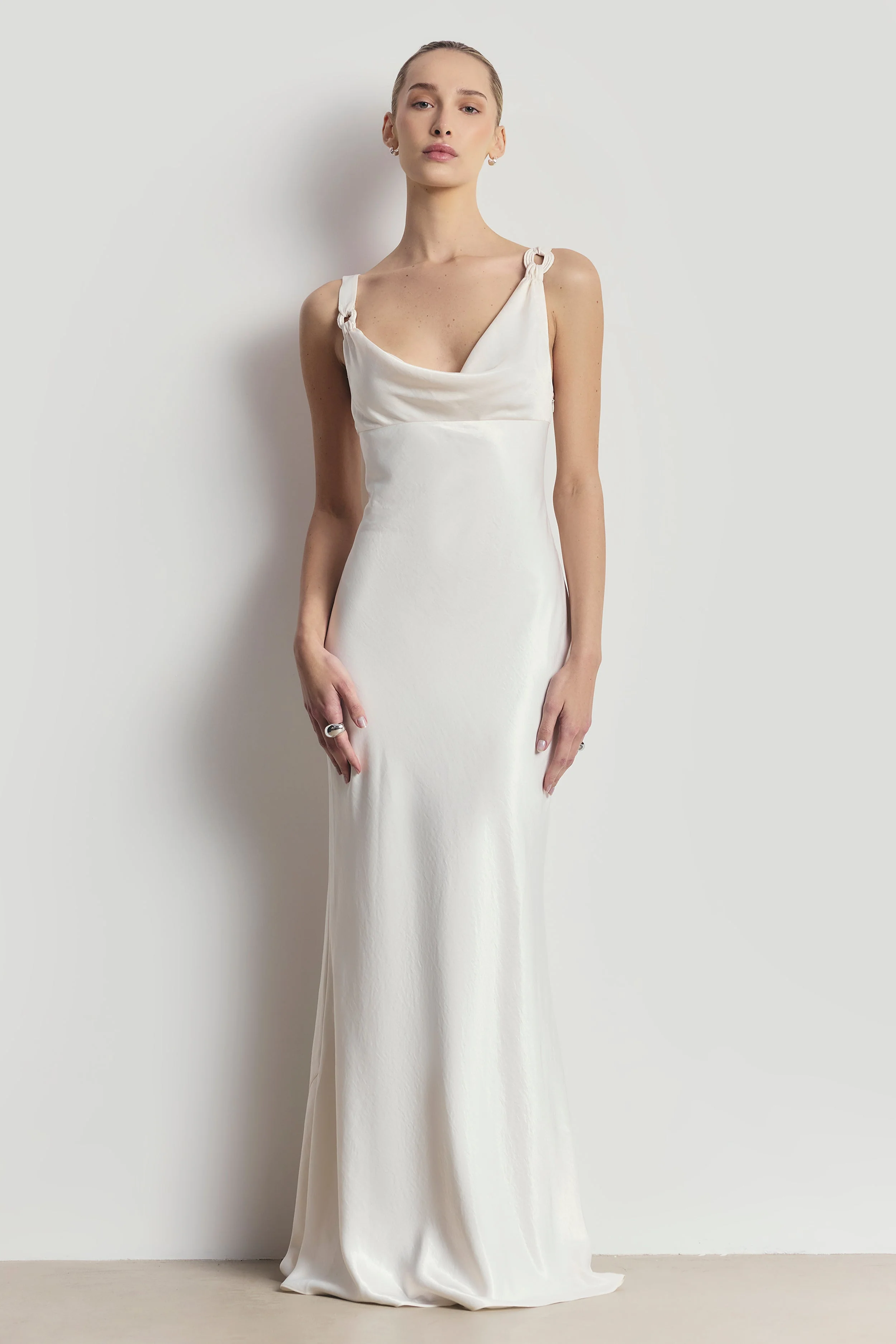 High Gloss Satin Cowl Neck Gown - Cream - Image 5