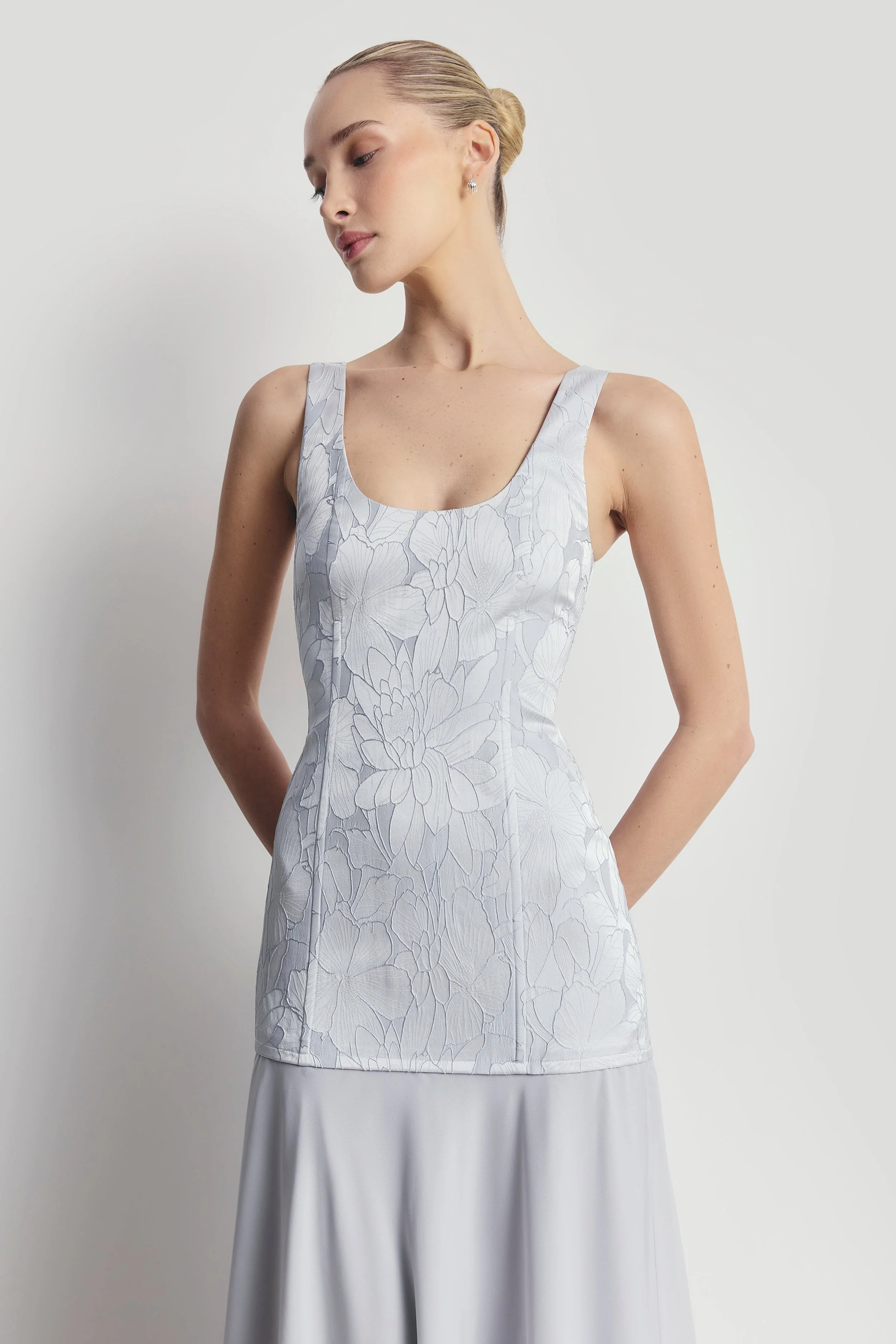 Jacquard Corset Gown with Chiffon Skirt - Frost - Image 3