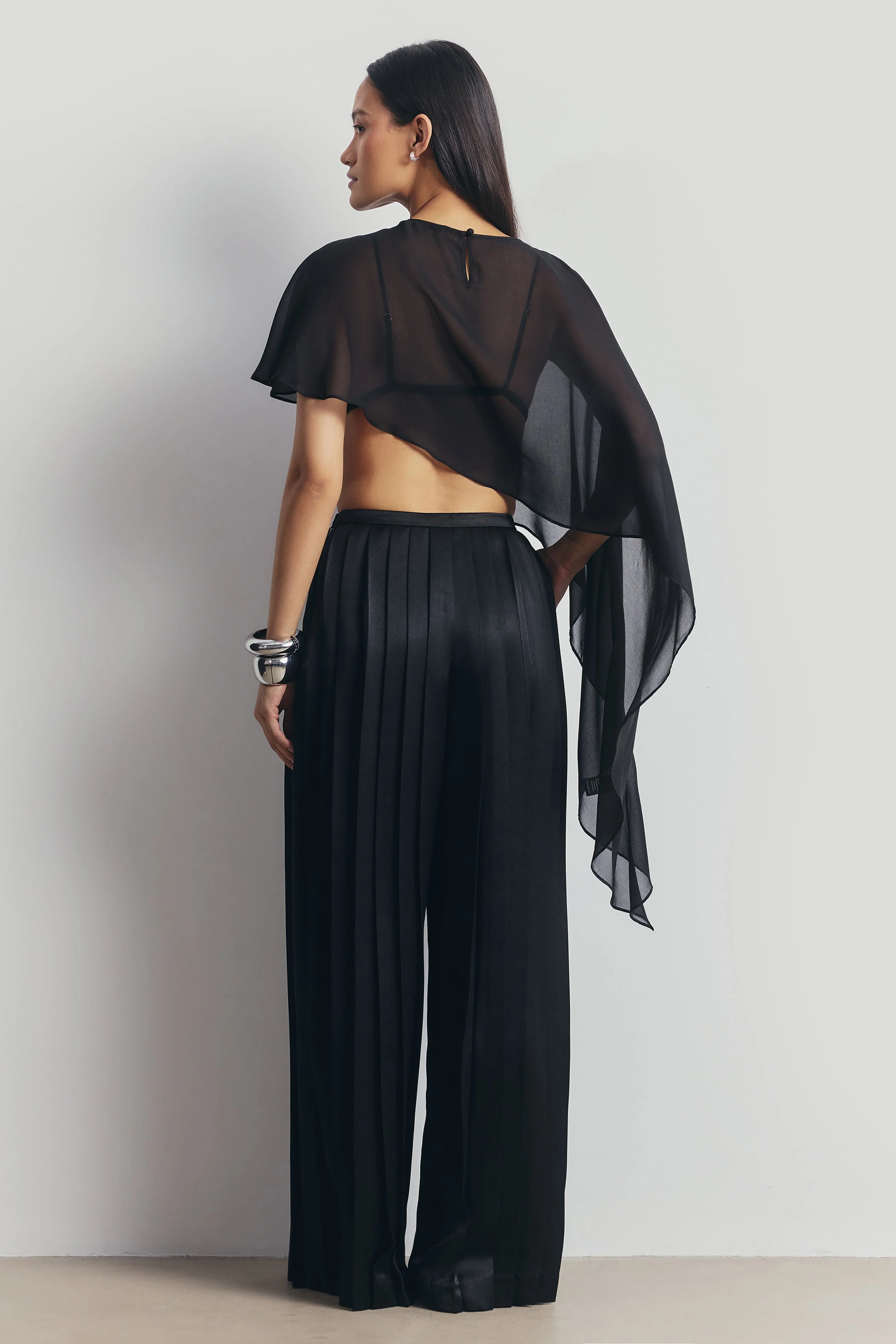 Pleated Satin Palazzo Trousers - Black - Image 3