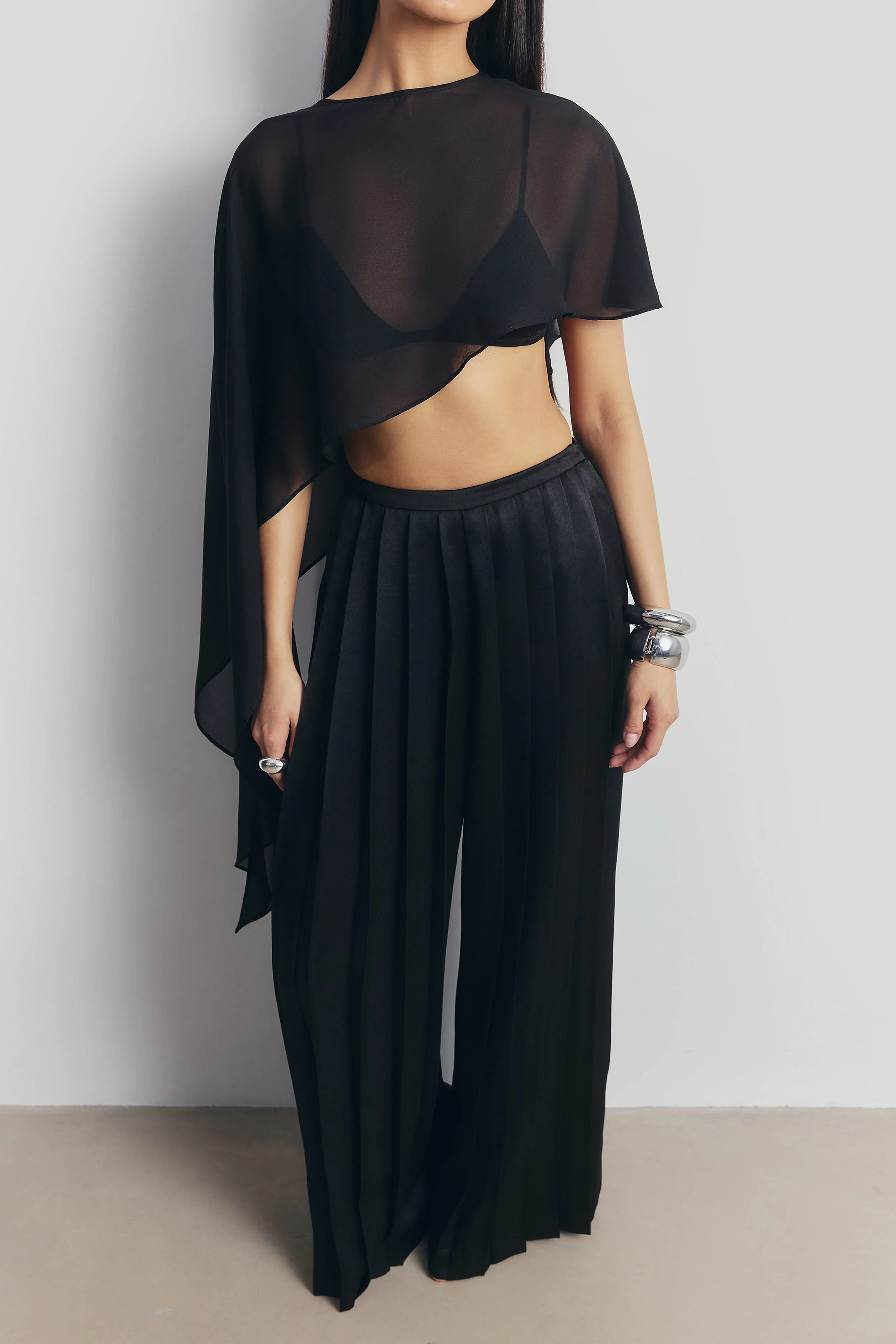 Pleated Satin Palazzo Trousers - Black - Image 4