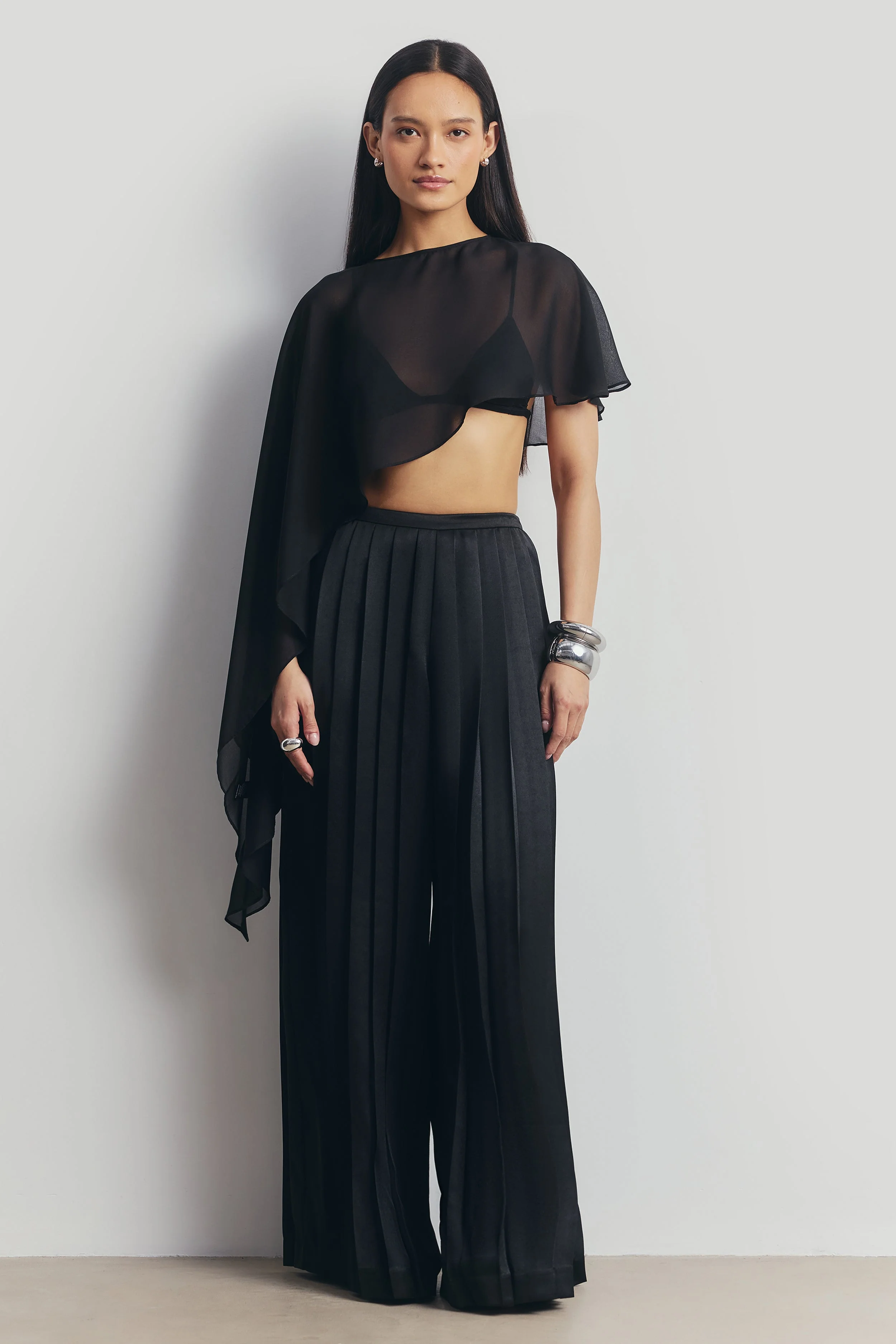 Pleated Satin Palazzo Trousers - Black - Image 7