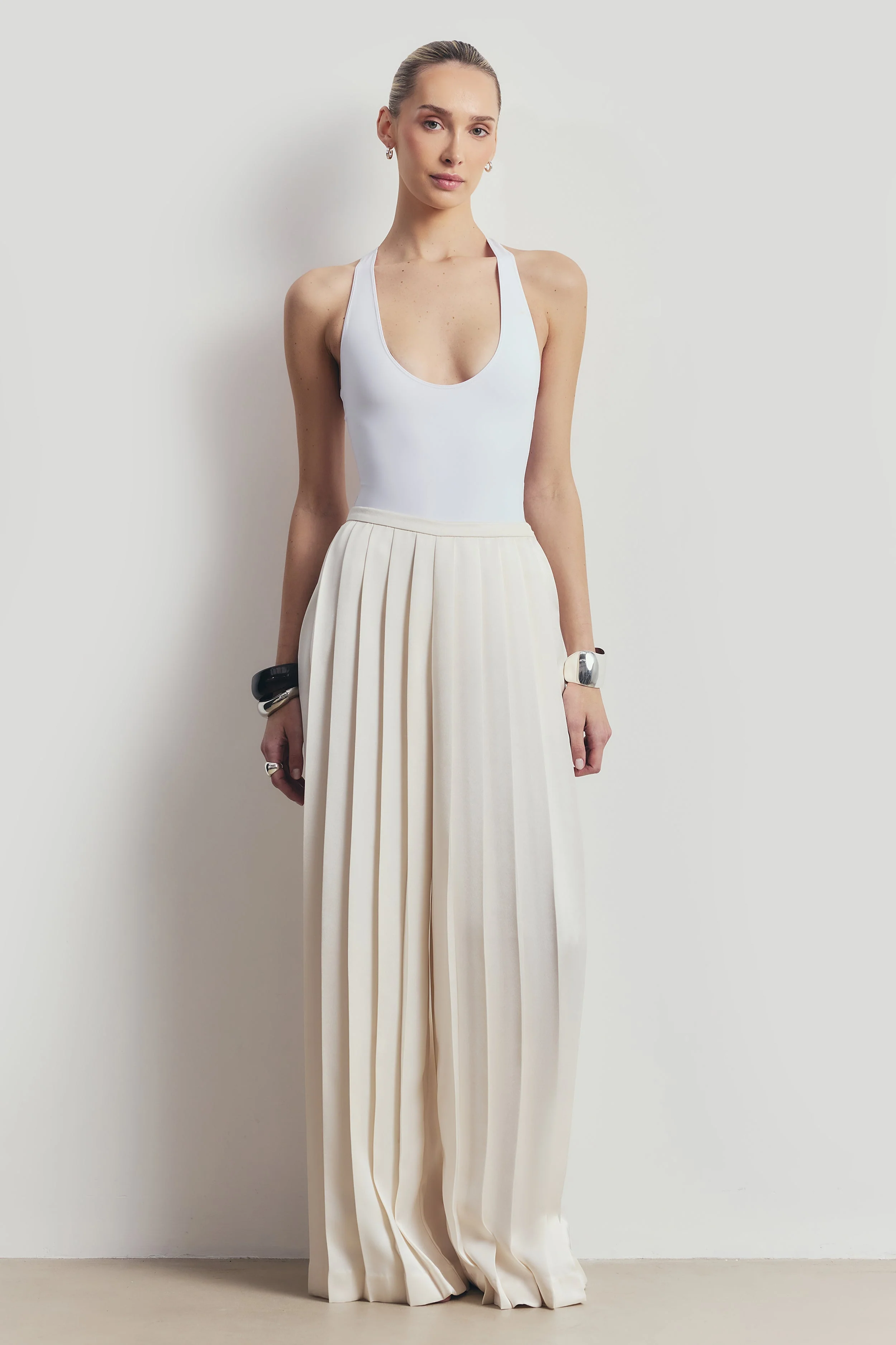 Pleated Satin Palazzo Trousers - Cream - Image 6