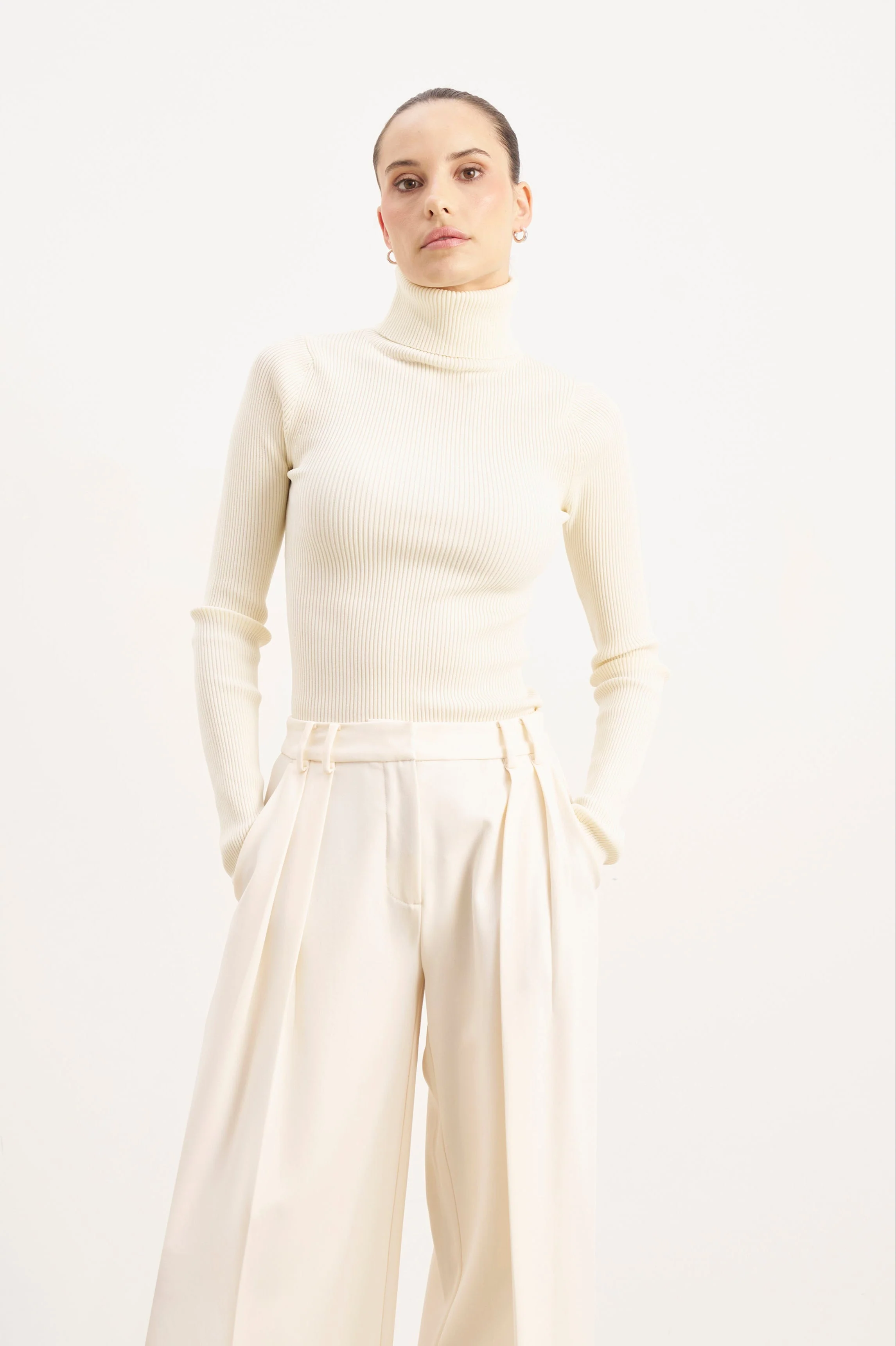 Ribbed Knit Turtleneck Jumper - Cream