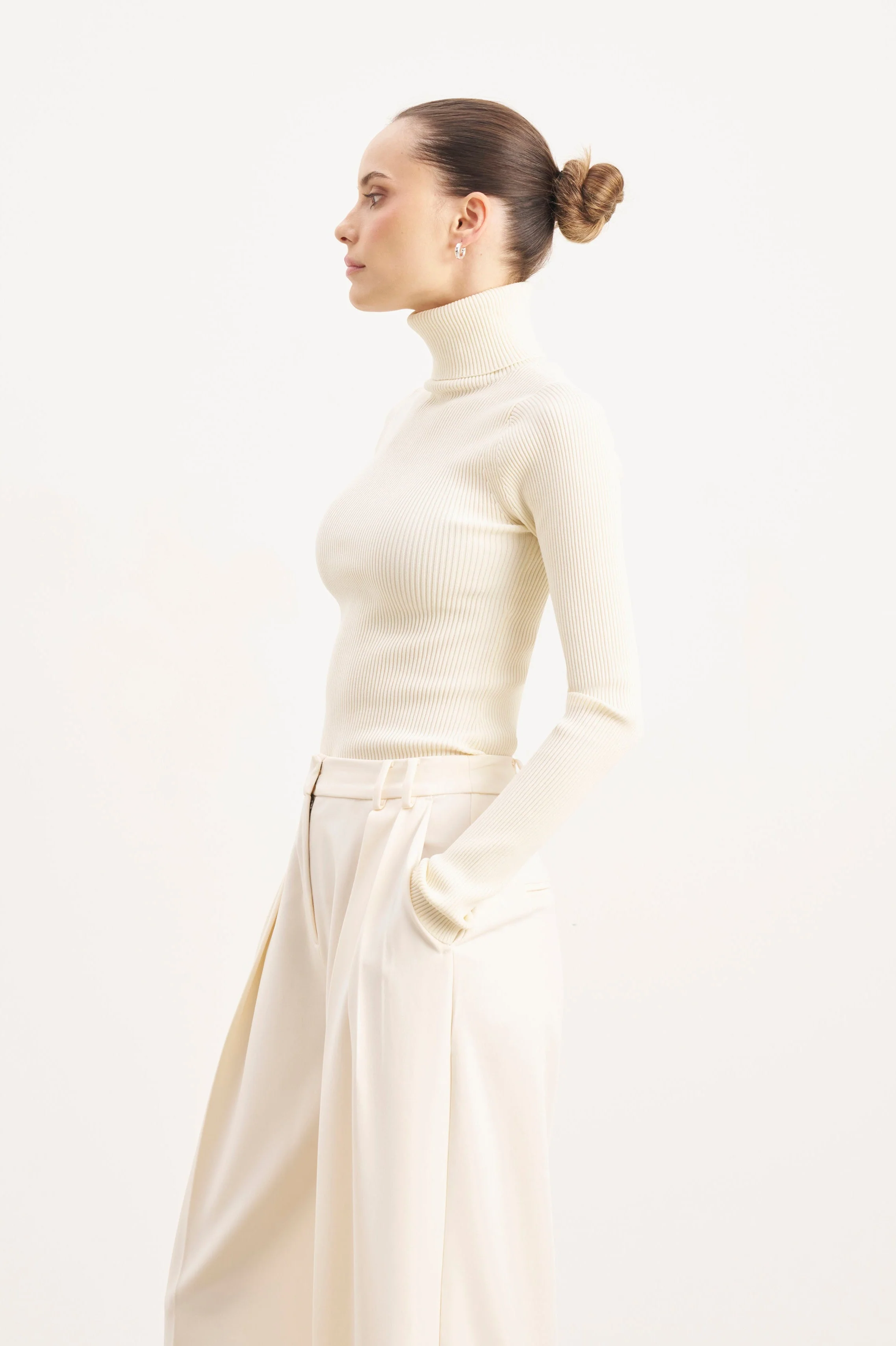 Ribbed Knit Turtleneck Jumper - Cream - Image 3