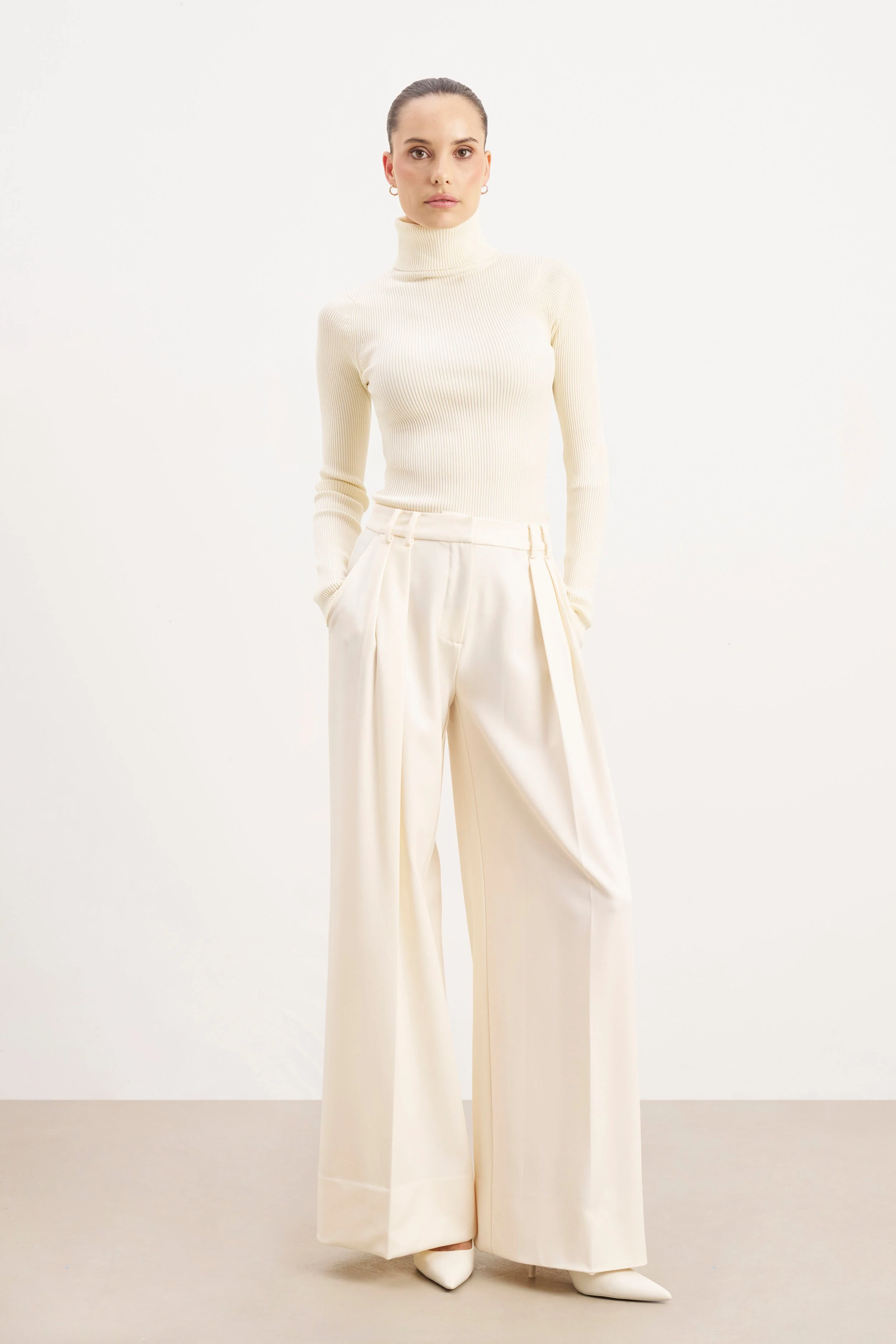 Ribbed Knit Turtleneck Jumper - Cream - Image 4