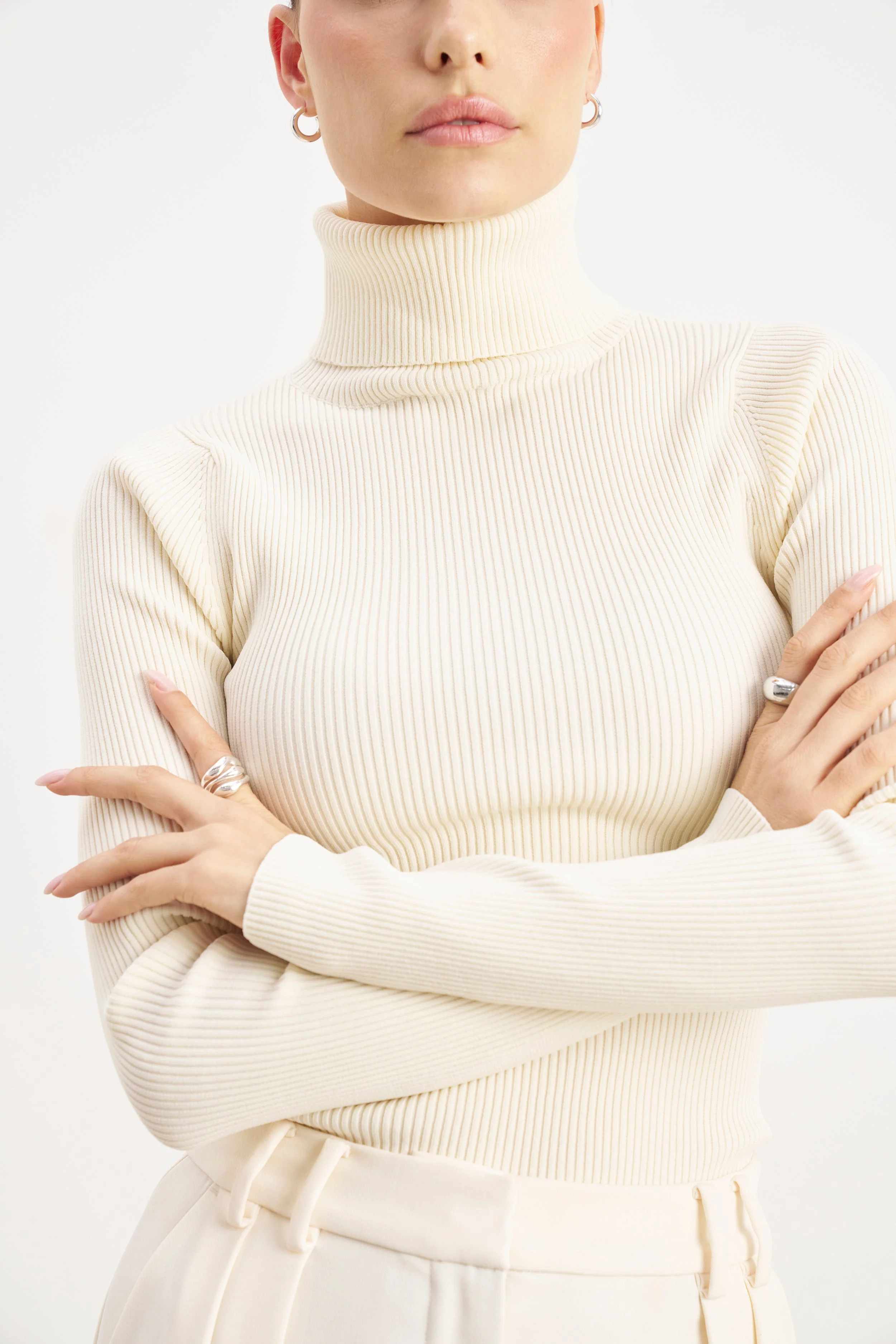 Ribbed Knit Turtleneck Jumper - Cream - Image 5