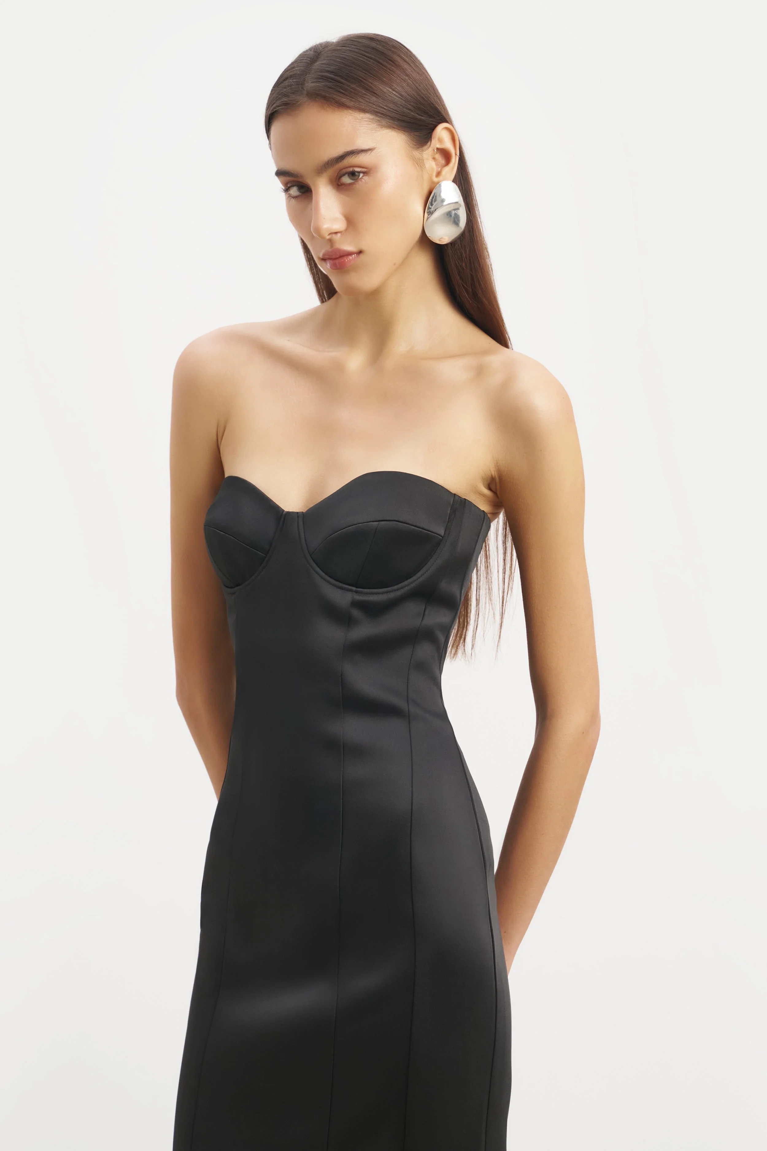 Satin Column Corset Maxi Dress - Black - Image 4