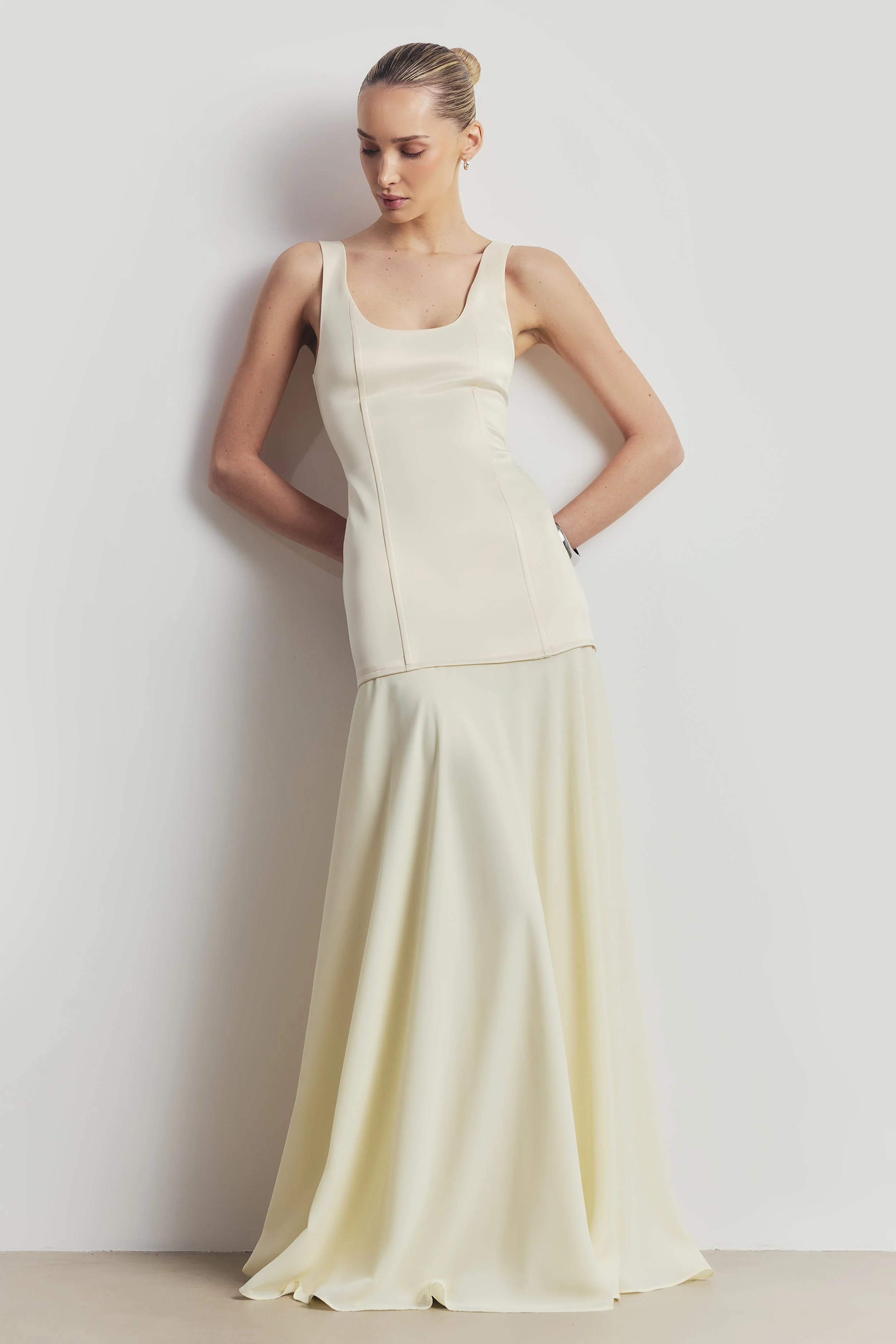 Satin Corset Gown with Chiffon Skirt - Buttermilk - Image 4