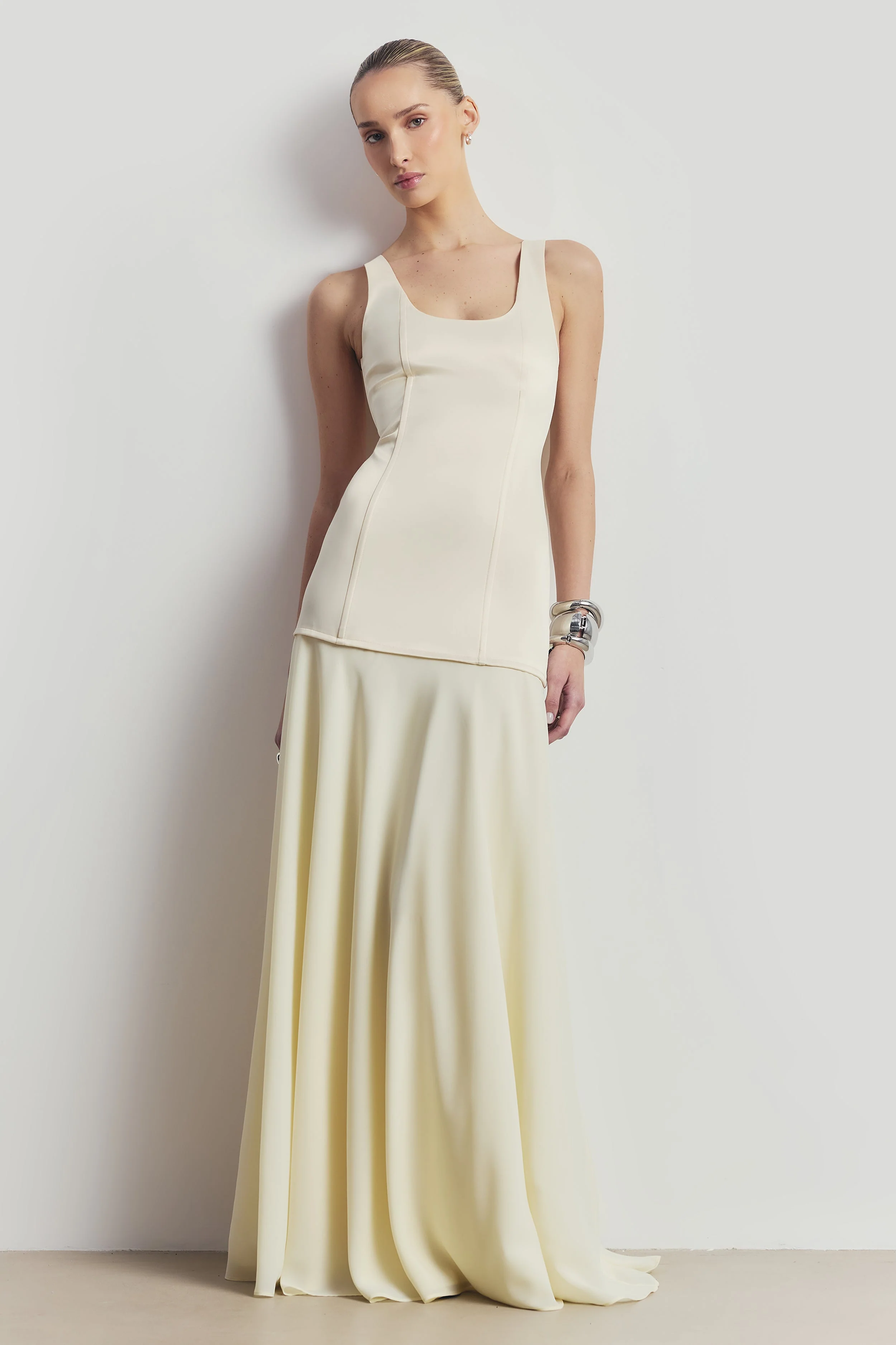 Satin Corset Gown with Chiffon Skirt - Buttermilk - Image 7