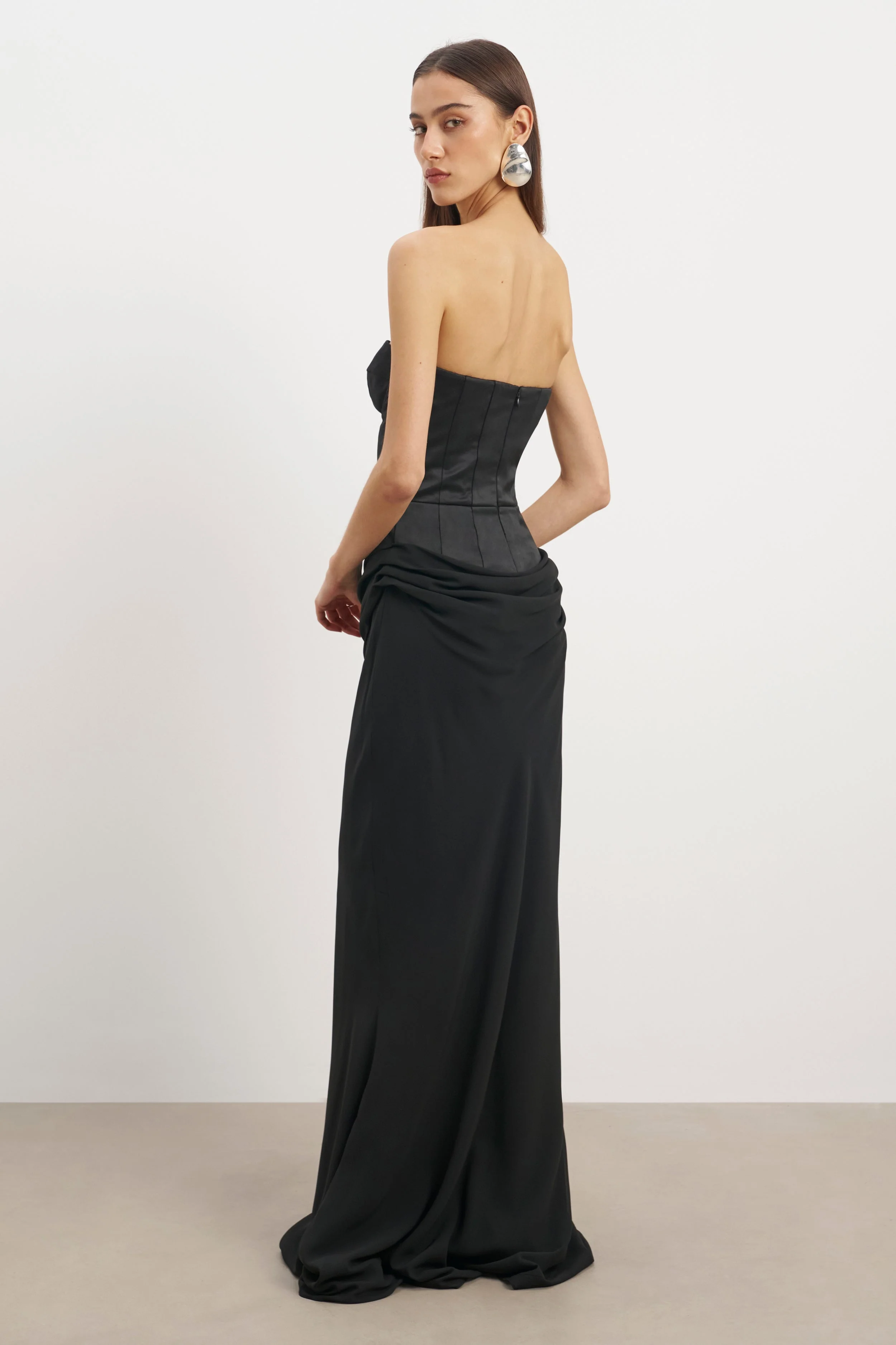 Satin Corset Gown with Draped Hip - Black - Image 2