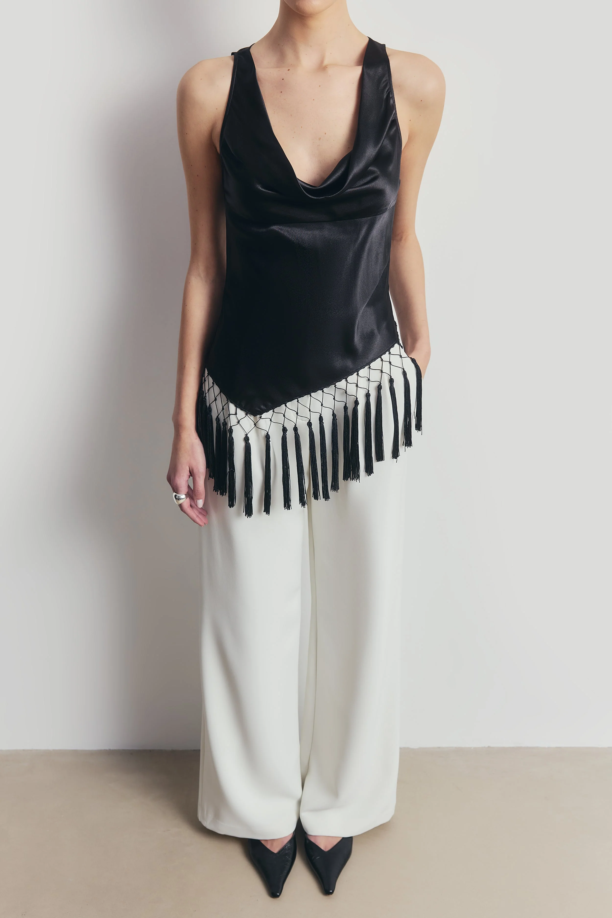 Satin Cowl Neck Tassel Hem Top - Black - Image 3