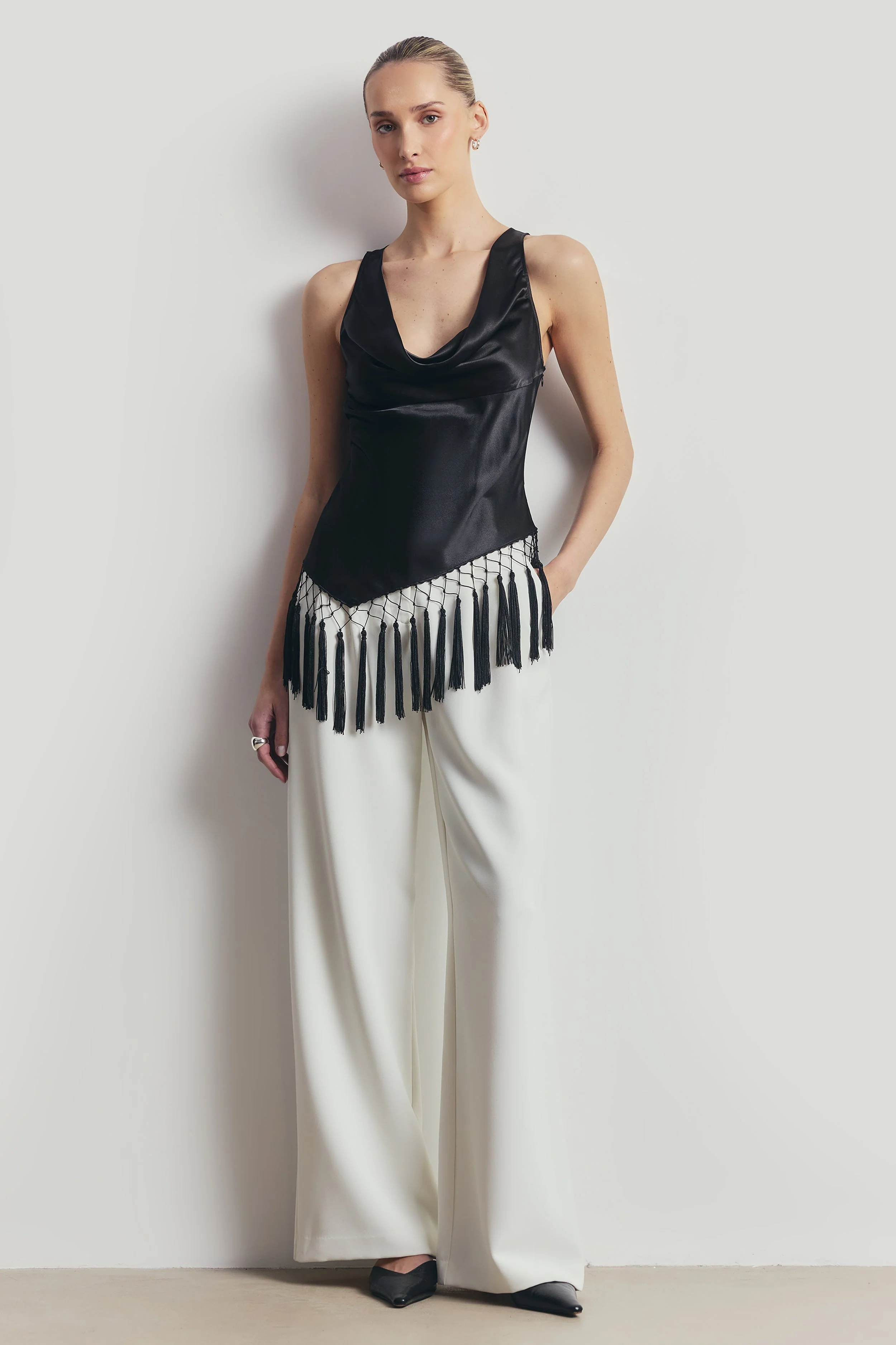 Satin Cowl Neck Tassel Hem Top - Black - Image 4