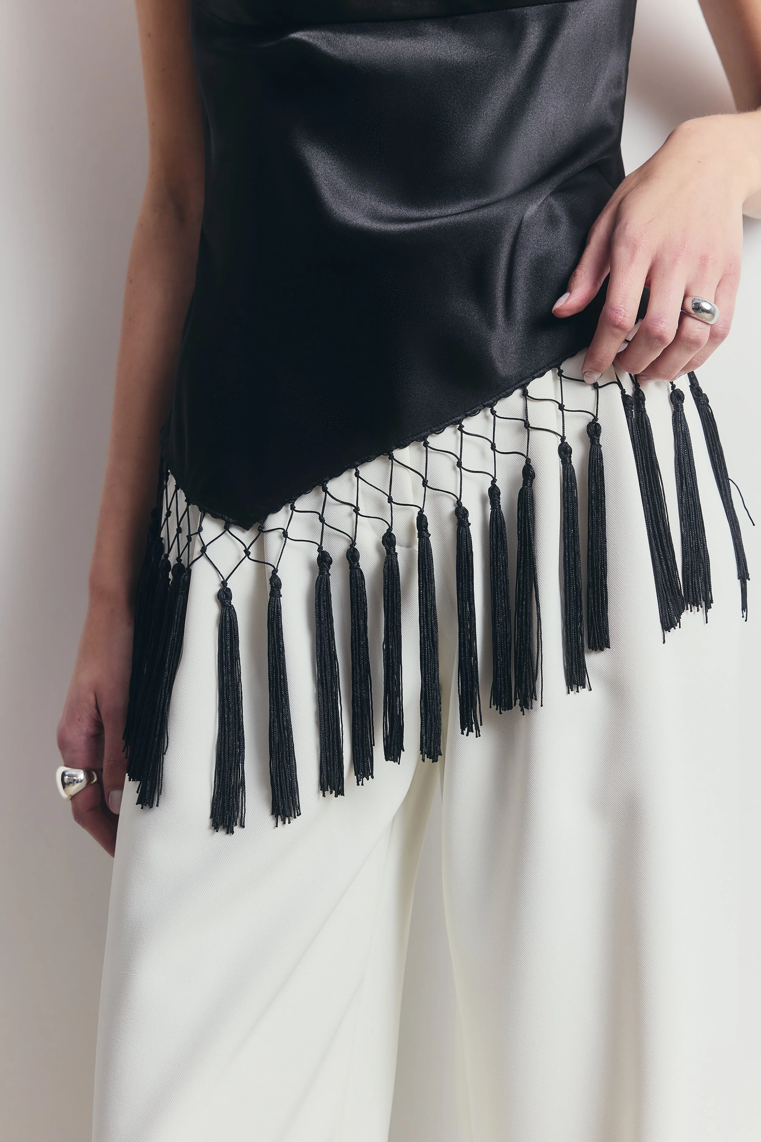 Satin Cowl Neck Tassel Hem Top - Black - Image 6
