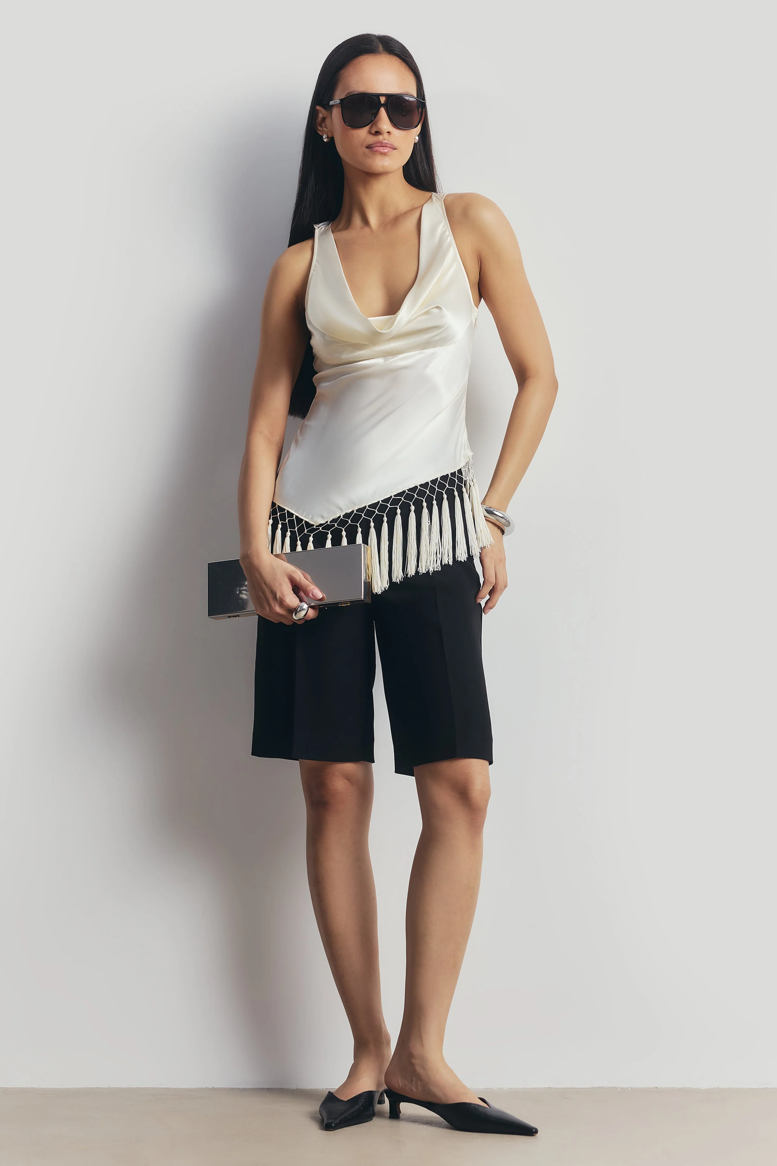 Satin Cowl Neck Tassel Hem Top - Cream - Image 4