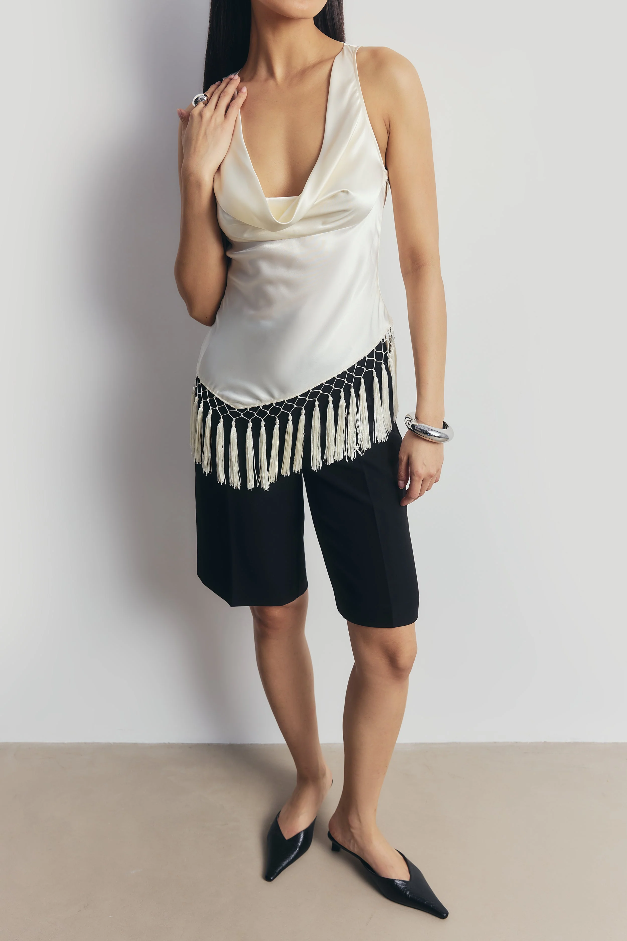 Satin Cowl Neck Tassel Hem Top - Cream - Image 7